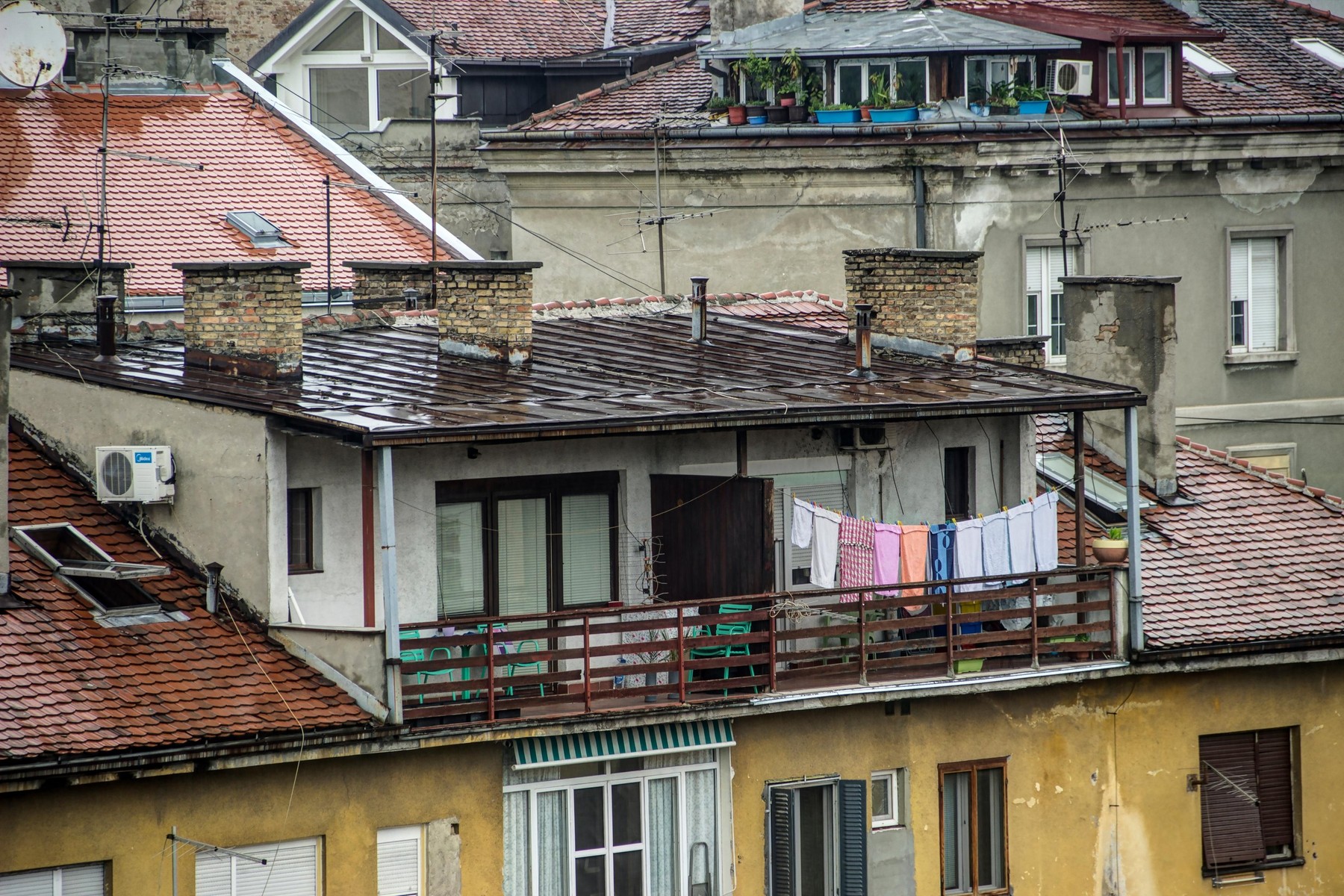 Belgrade, Serbia - View of the worn rooftops in the rain