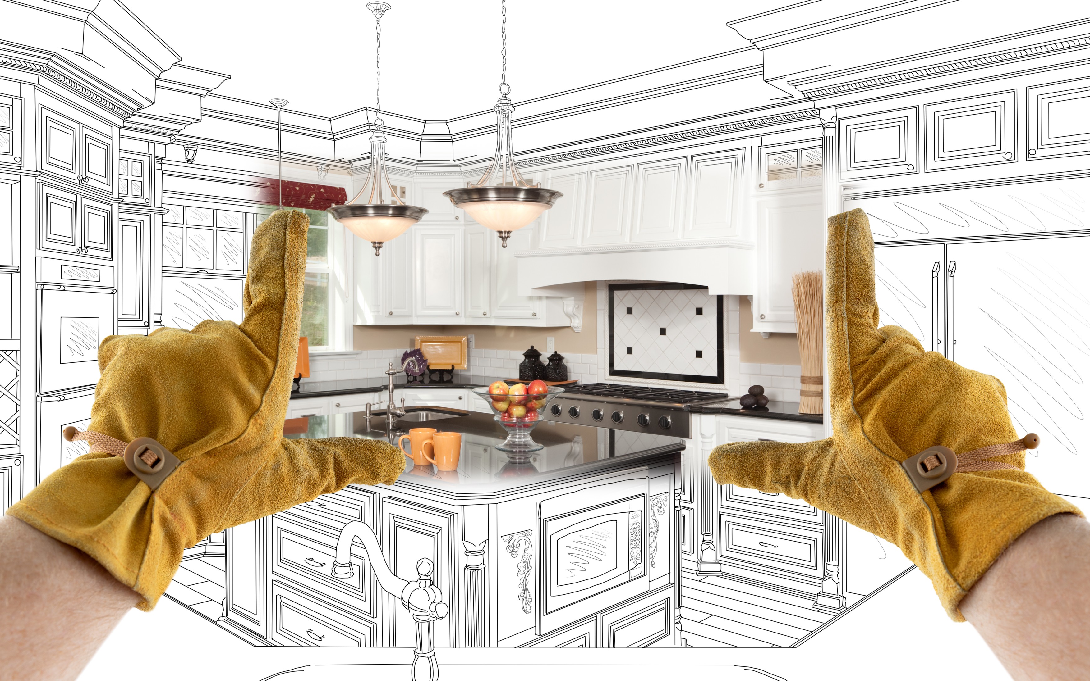 Male Contractor Hands Framing Completed Section of Custom Kitchen Design Drawing