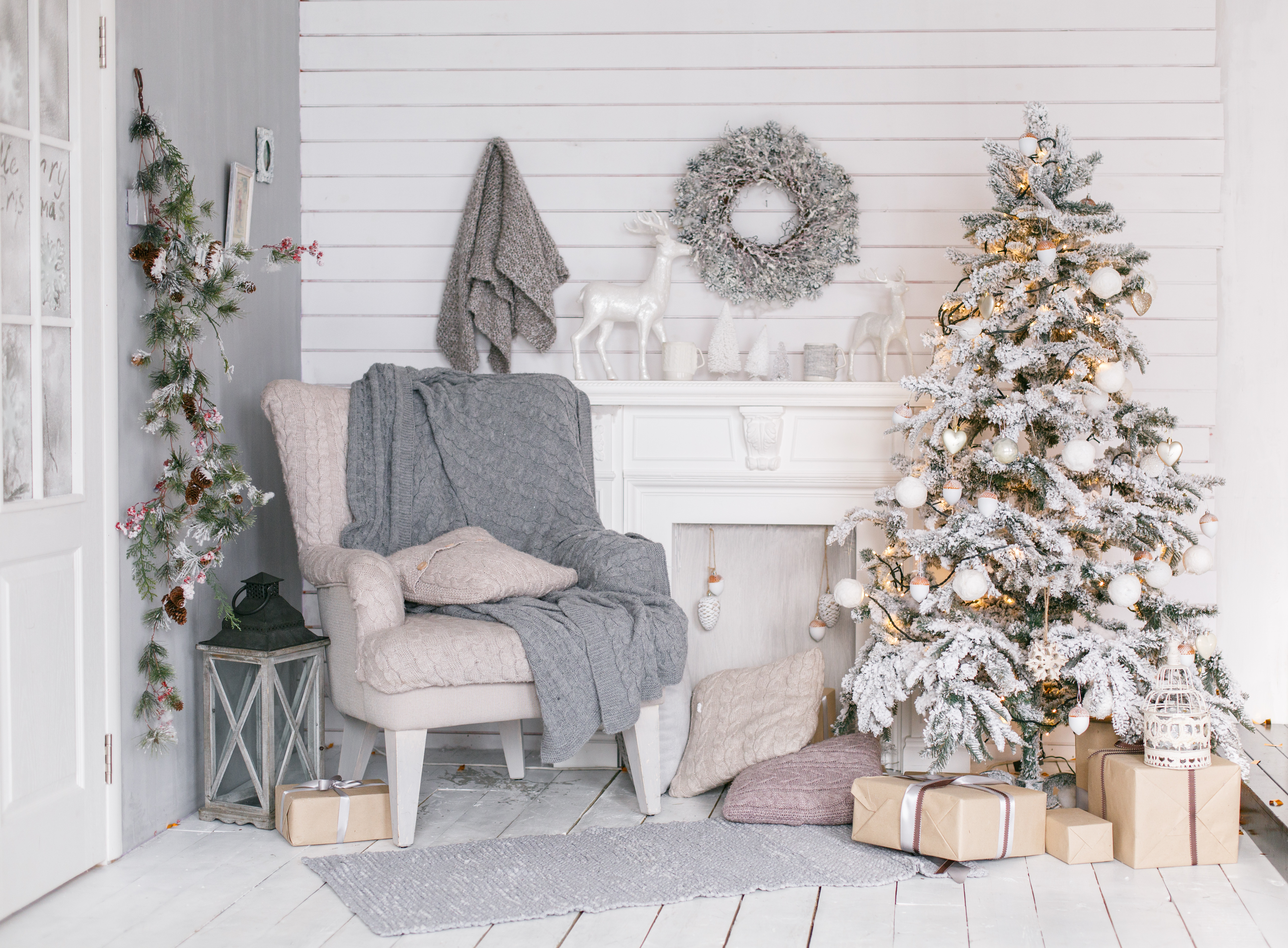 Stylish,Christmas,Interior,Decorated,In,Gray,Colors.,Comfort,Home.,Armchair