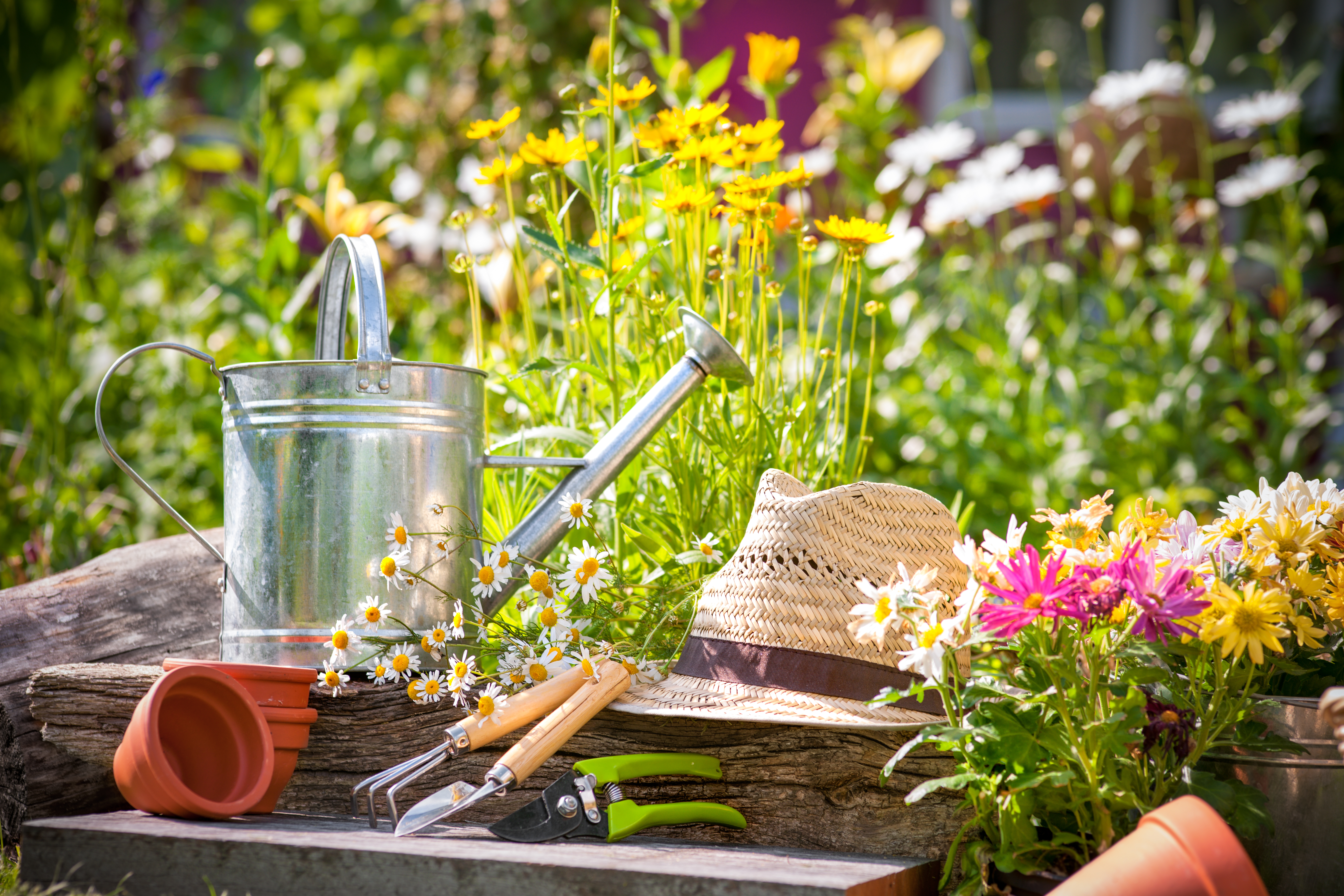 Gardening,Tools,And,Straw,Hat,On,The,Grass,In,The