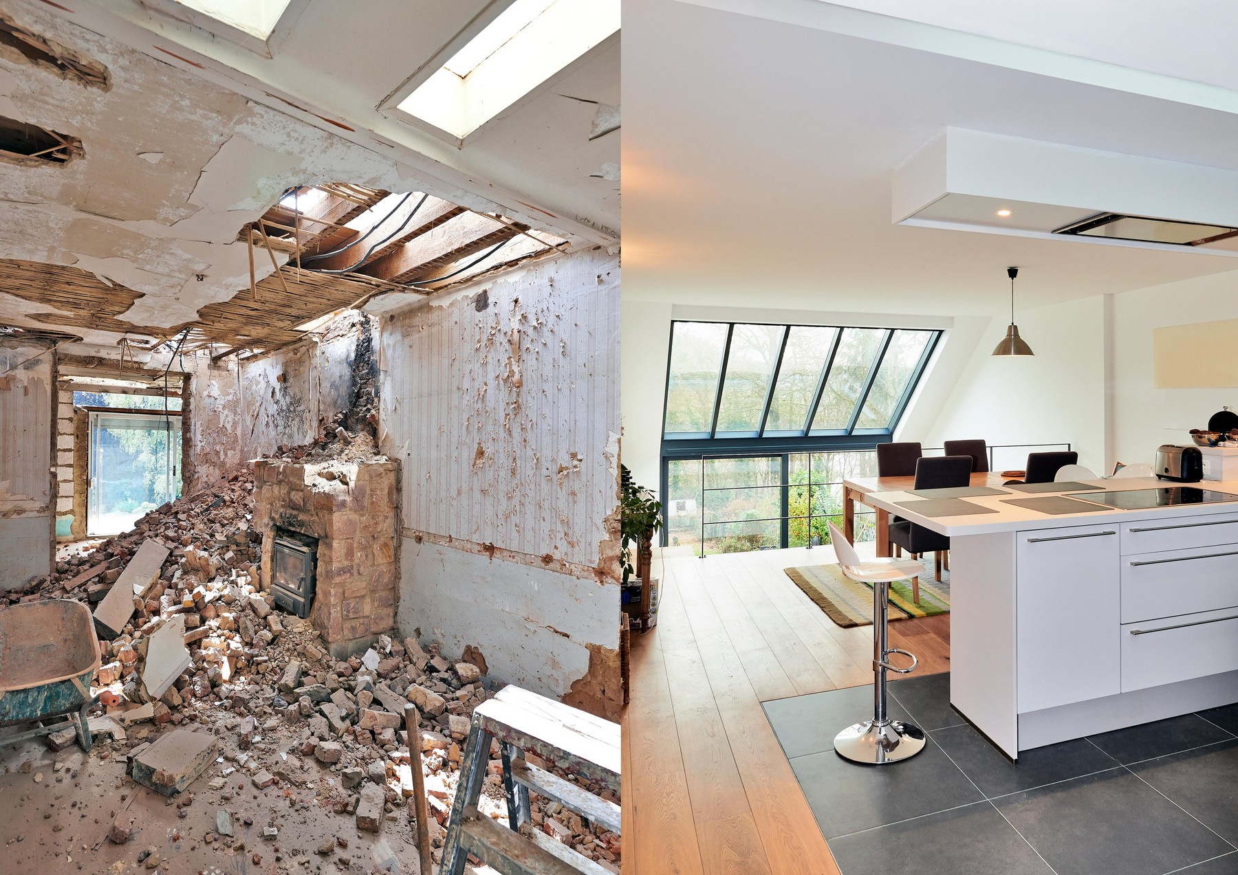 Modern open kitchen in renovated house with view on a lush garden, before and after