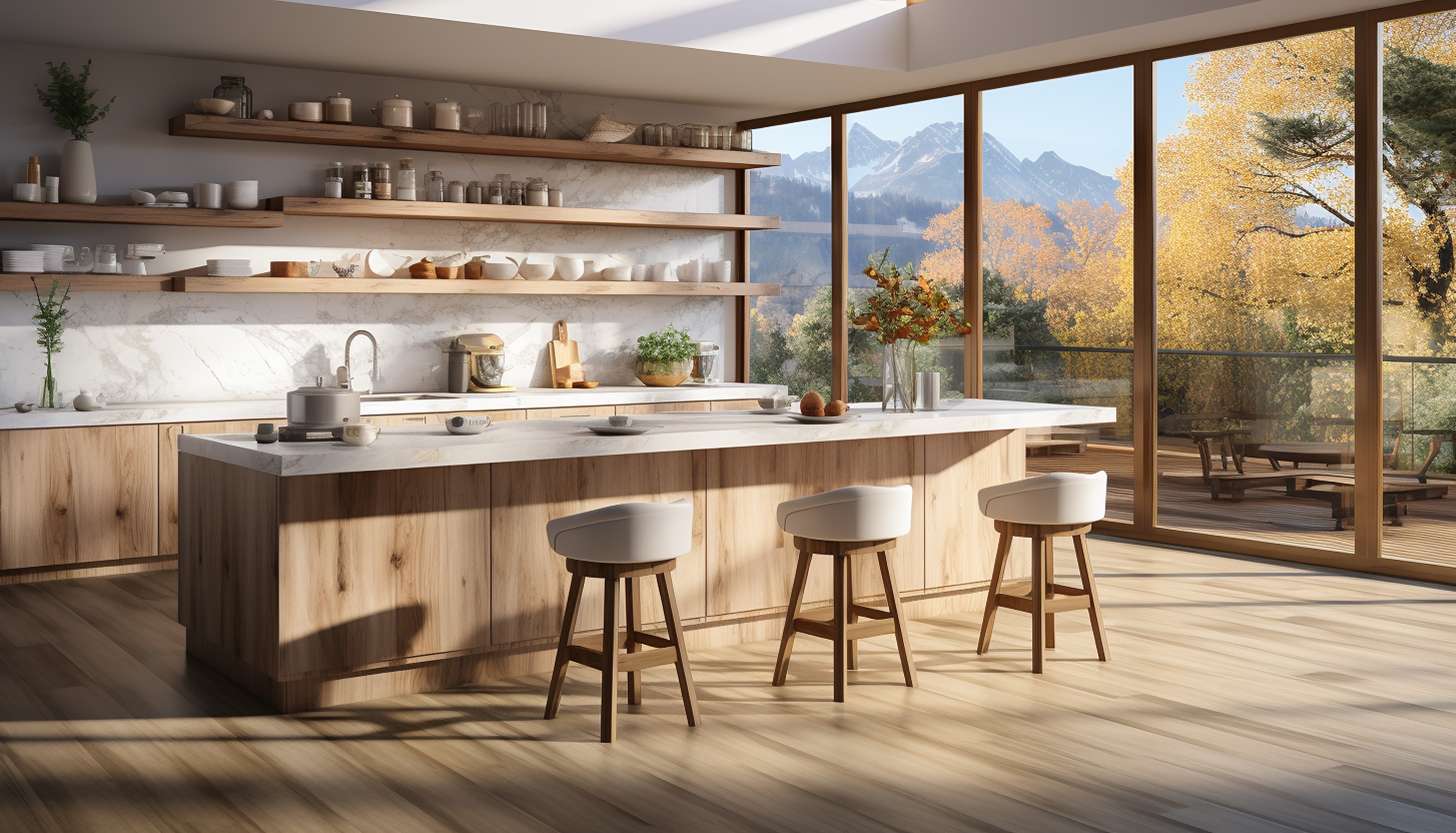Modern kitchen with kitchen Island and bar chairs and panoramic window.luxurious kitchen with a large island, gold faucet,Beautiful stylish Scandinavian design with green nature landscape view