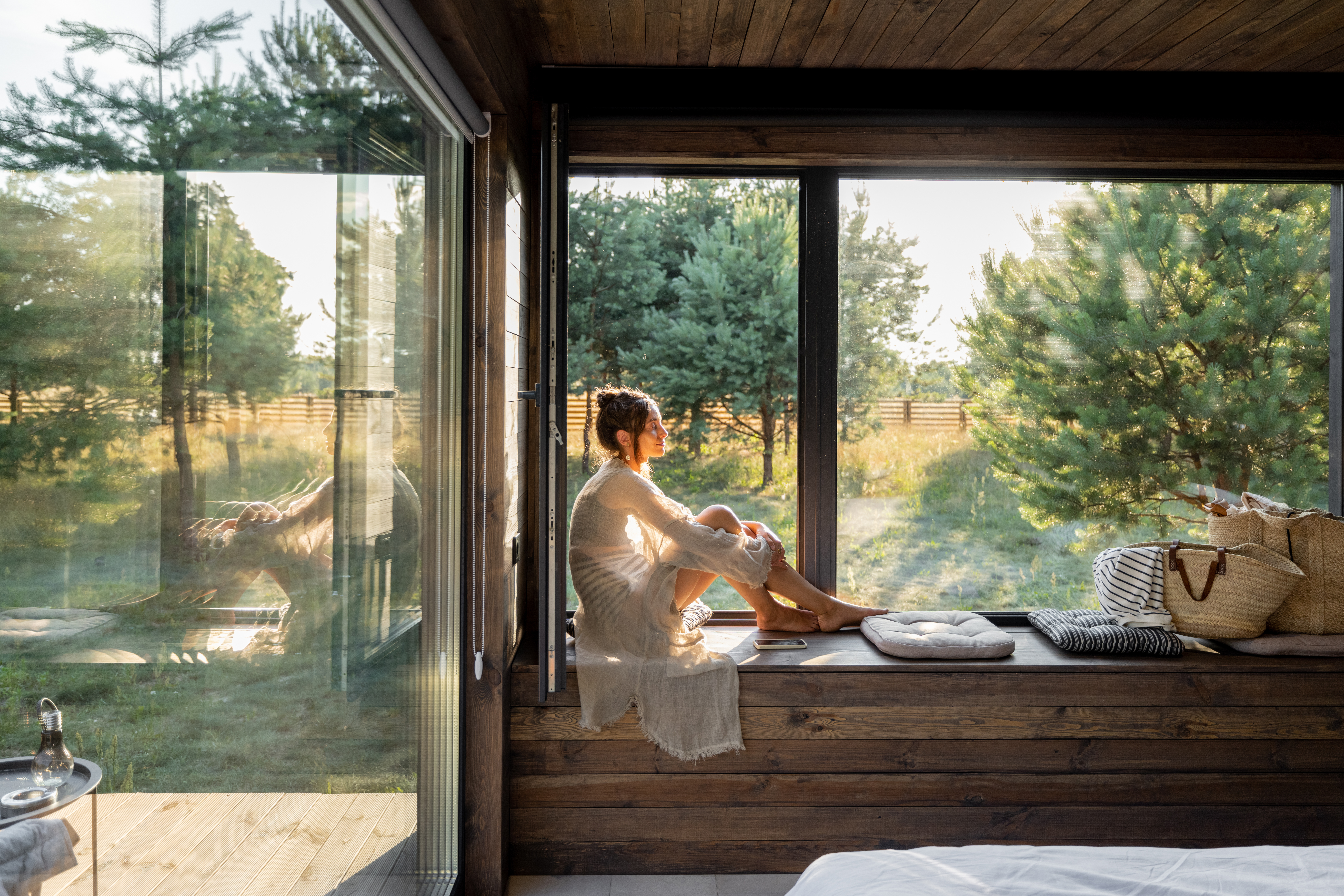 Young,Woman,Resting,At,Beautiful,Country,House,Or,Hotel,,Sitting