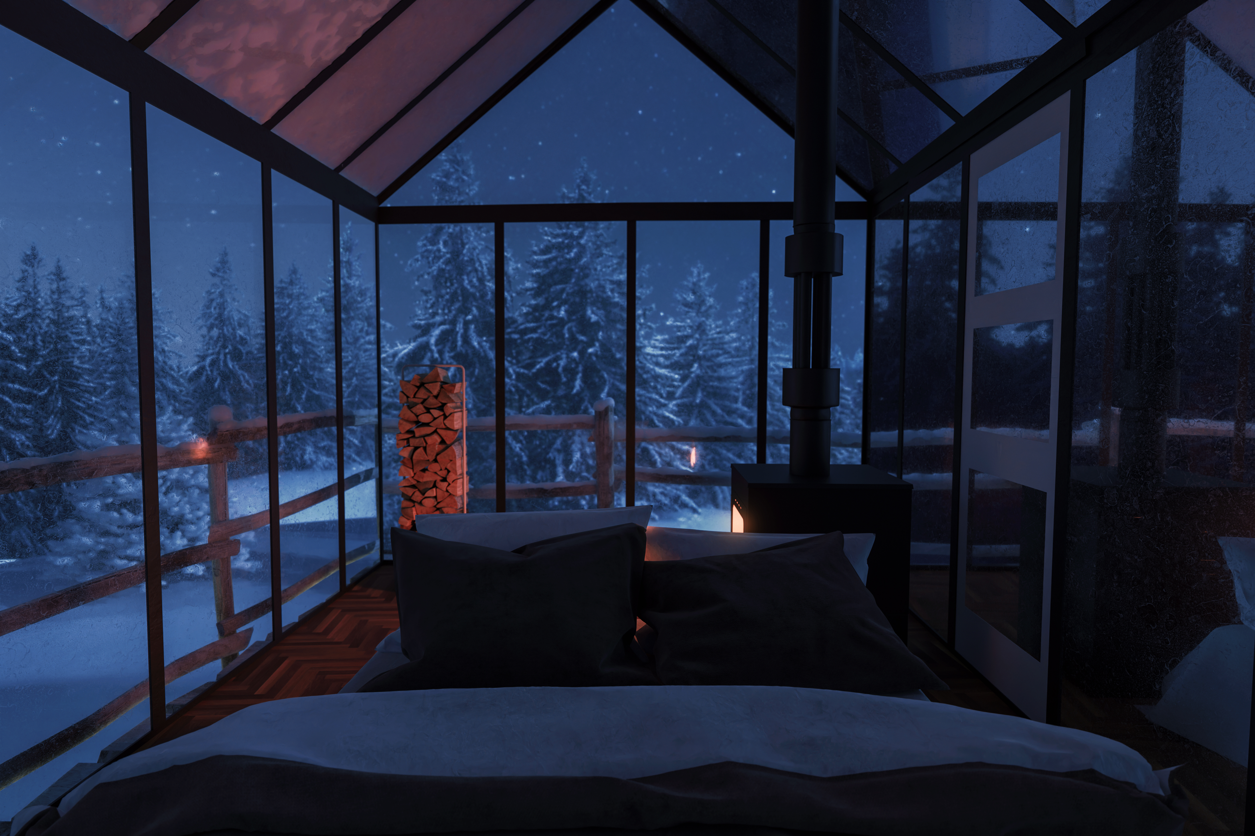 3d,Rendering,Of,Cozy,Hut,With,Bed,And,Glass,Panels