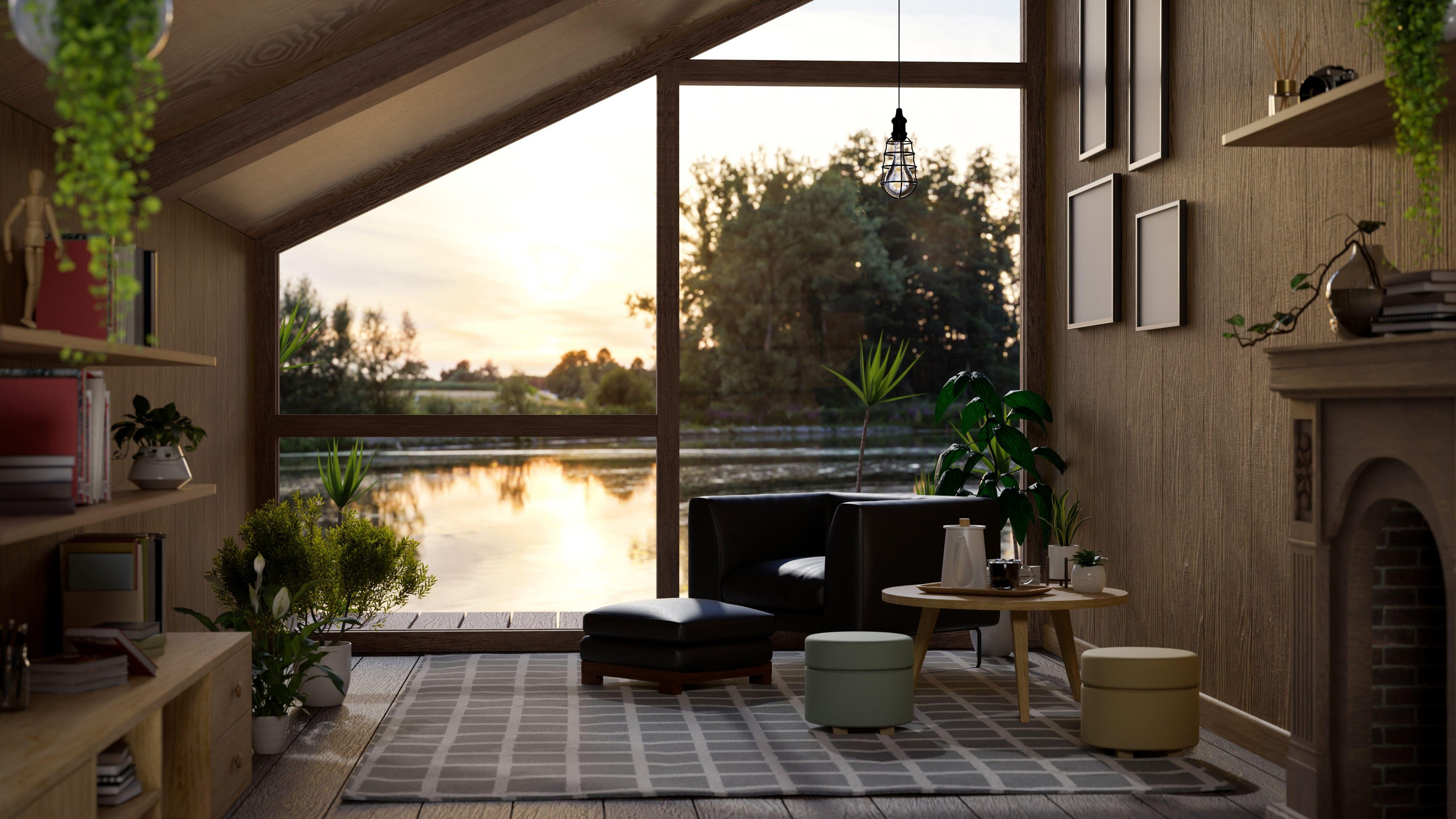 Modern Scandinavian wooden house for holiday or vacation with a cozy living room, fireplace, indoor plants, triangle large window and lake view in the