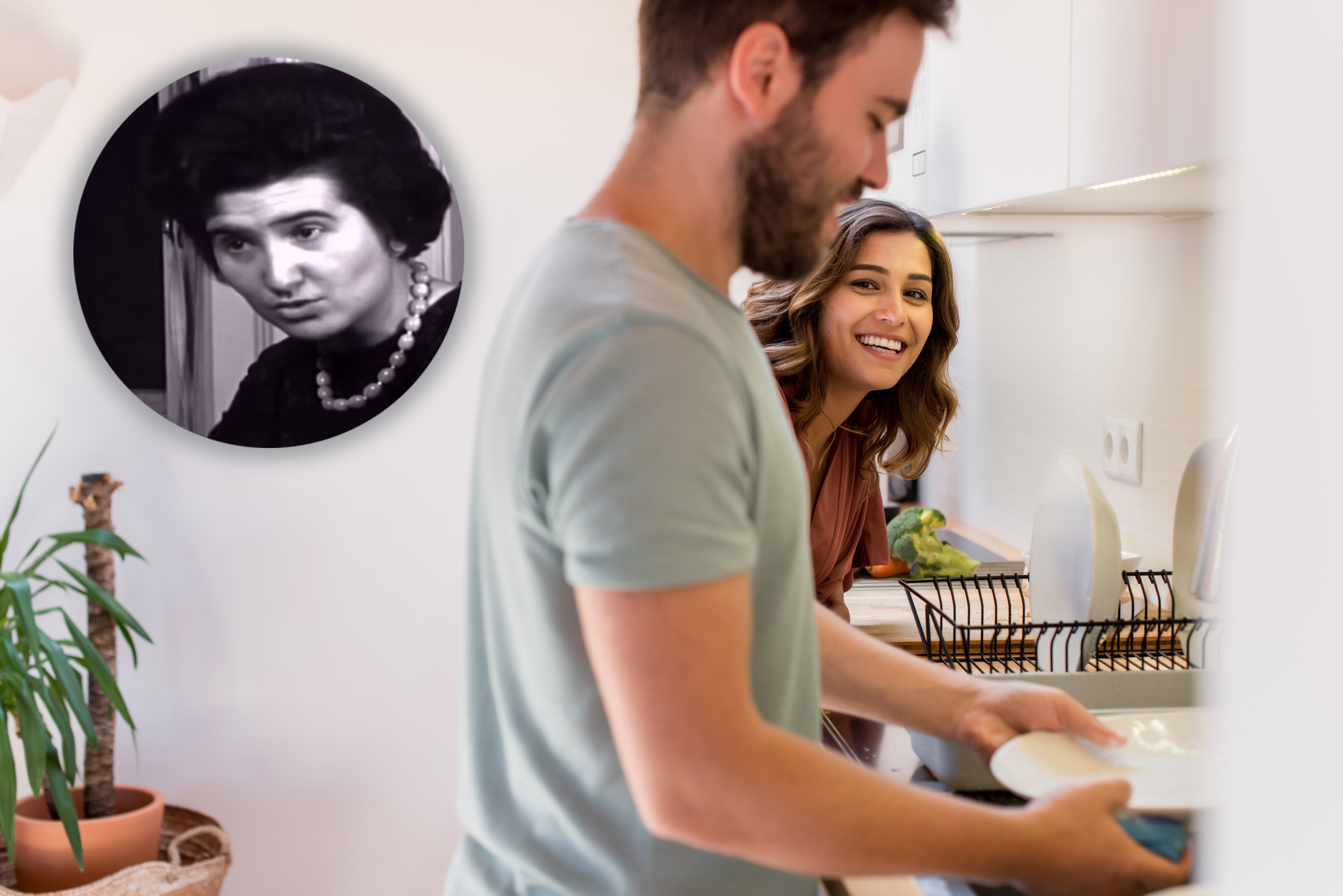 Couple,Sharing,Household,Chores.,Happy,Woman,Watching,Man,Washing,Dishes.