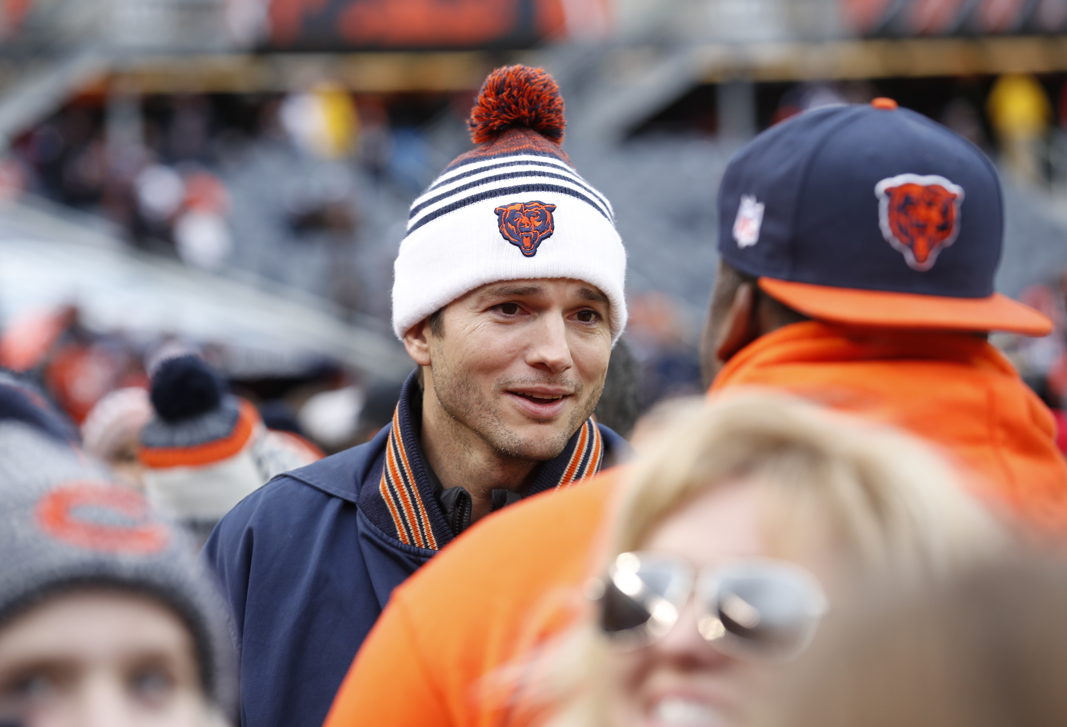 Ashton Kutcher attends NFC Wild Card Playoff game between the Chicago Bears and Philadelphia Eagles at Soldier Field in Chicago