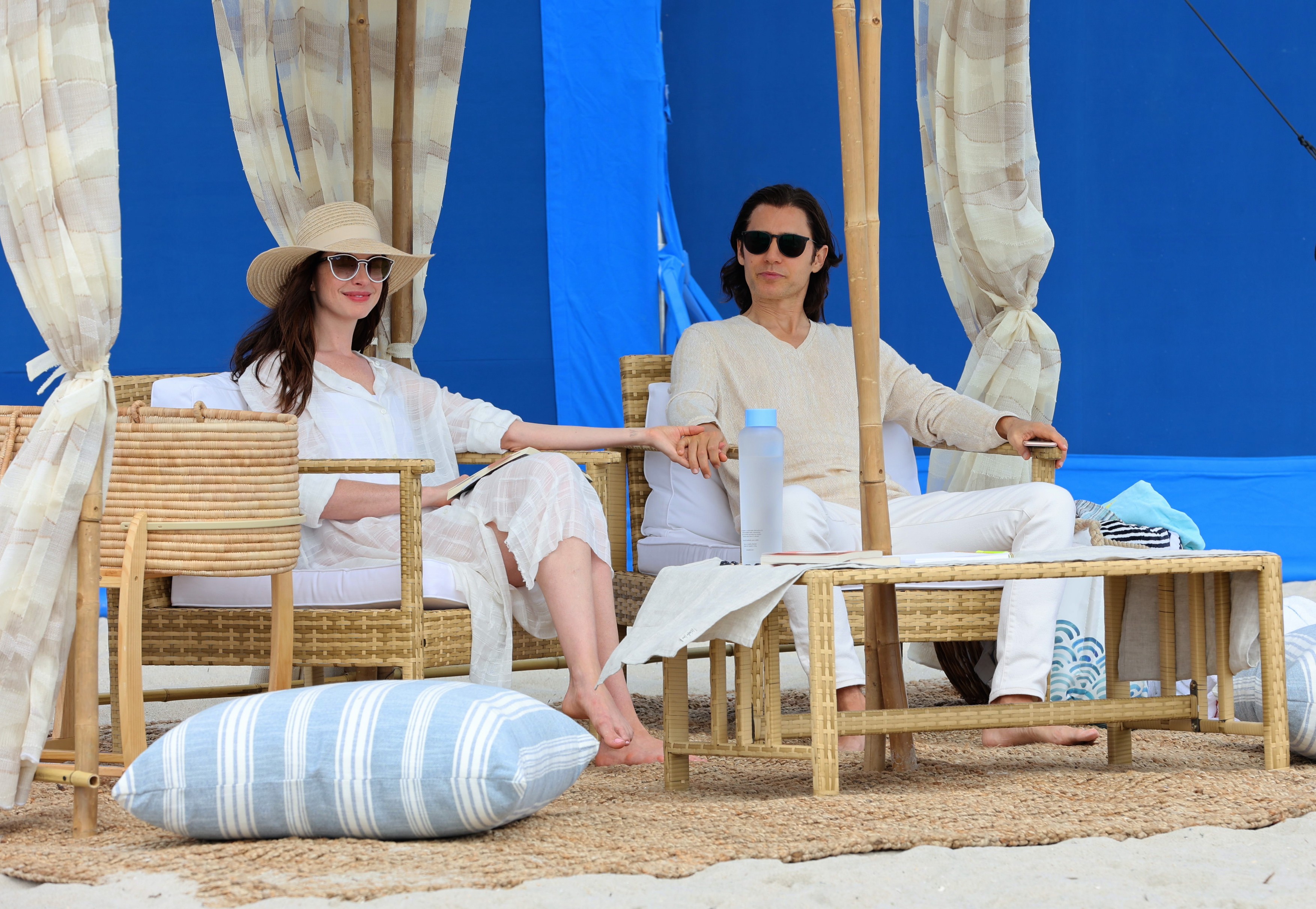Anne Hathaway and Jared Leto are seen filming a 'Santa Monica Beach' scene at the "WeCrashed" set at The Shores Atlantic Beach in New York City.