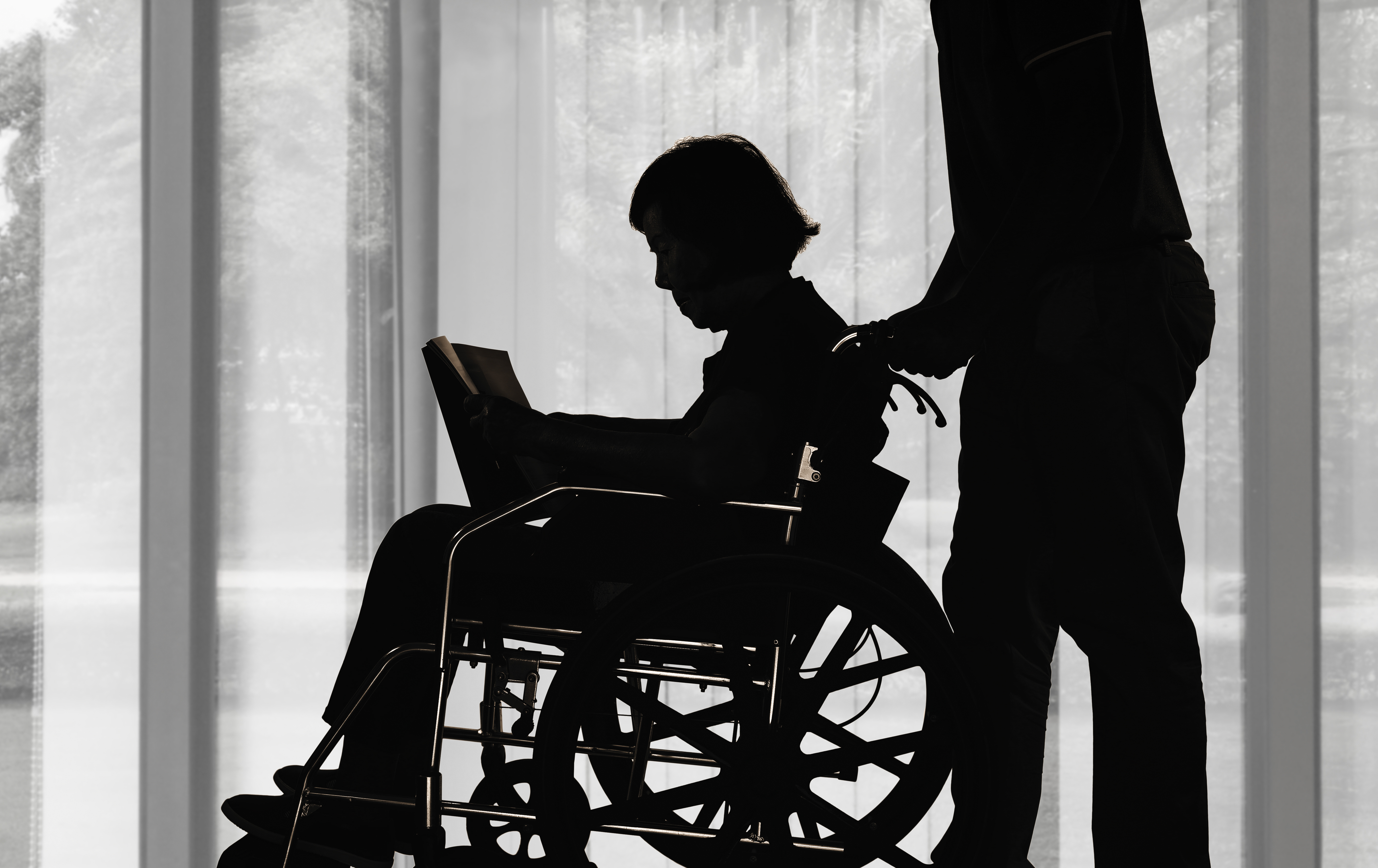 Silhouette,Elderly,Woman,Reading,A,Book,On,Wheelchair,With,Her