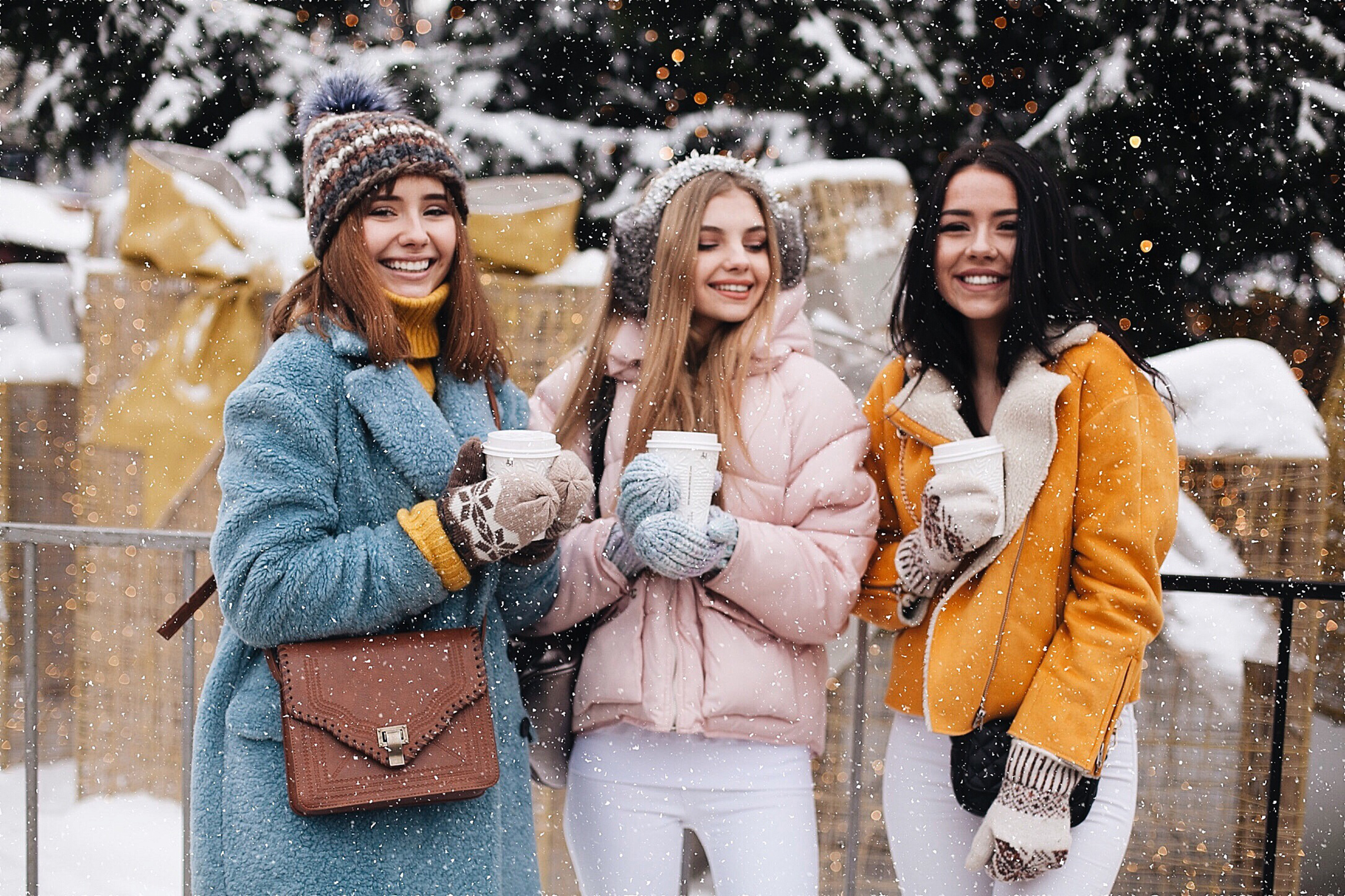 Three,Girlfriends,With,Coffee,,Winter,,Walk,Around,The,City,,Fun