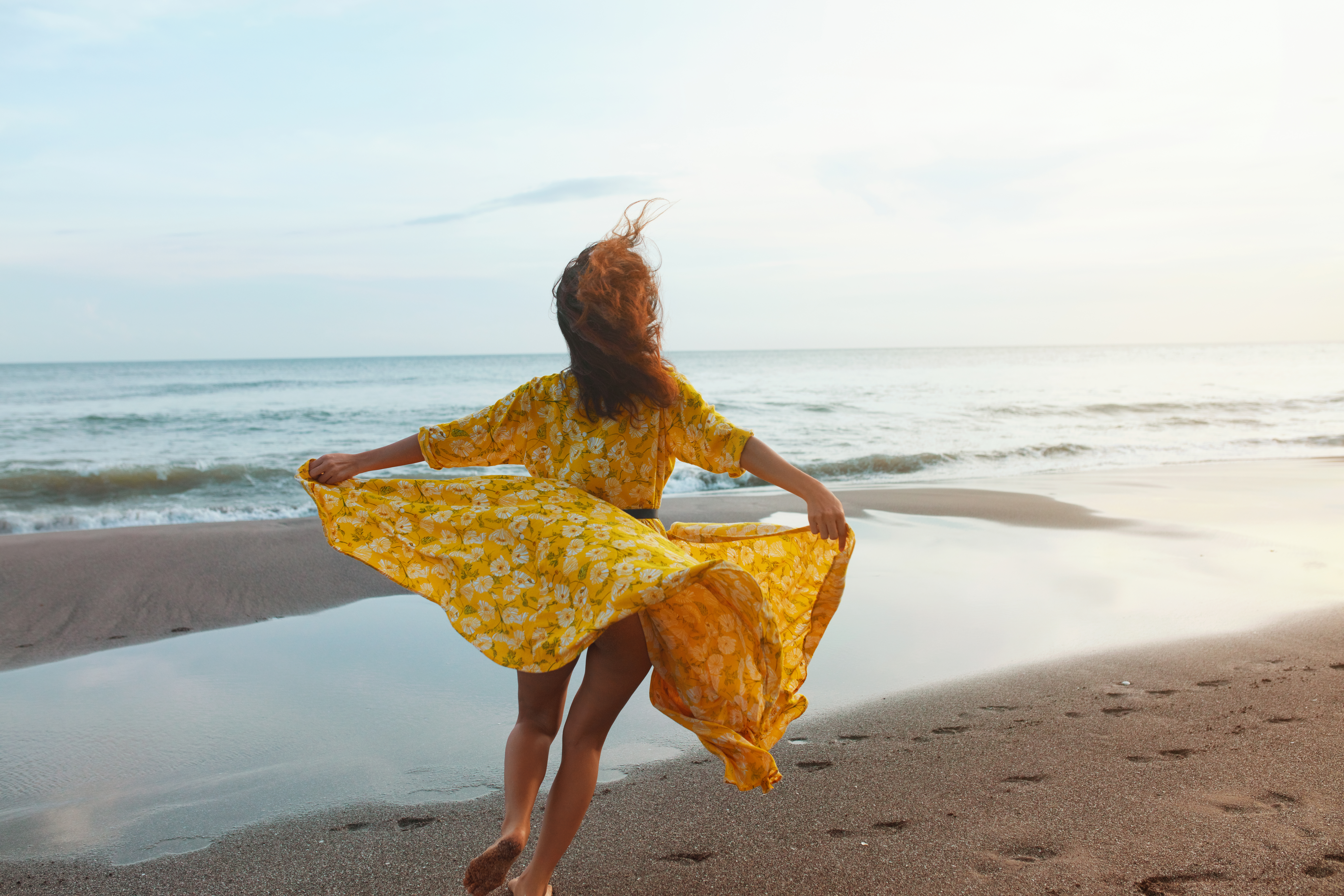 Girl,On,Beach.,Running,Woman,In,Maxi,Yellow,Dress,With