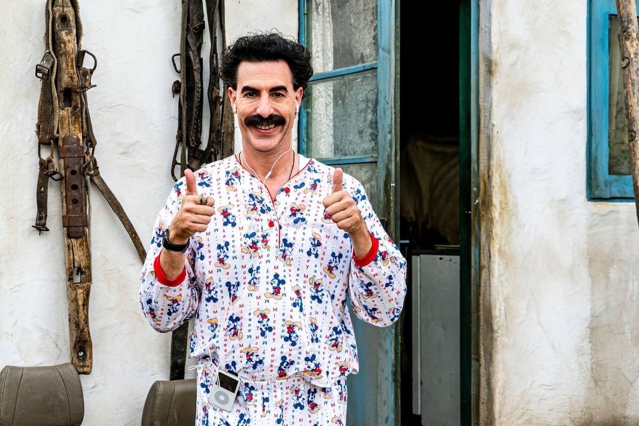 Borat Subsequent Moviefilm (2020) directed by Jason Woliner and starring Sacha Baron Cohen and Maria Bakalova. The further adventures of a Kazakh television journalist Borat in the United States.