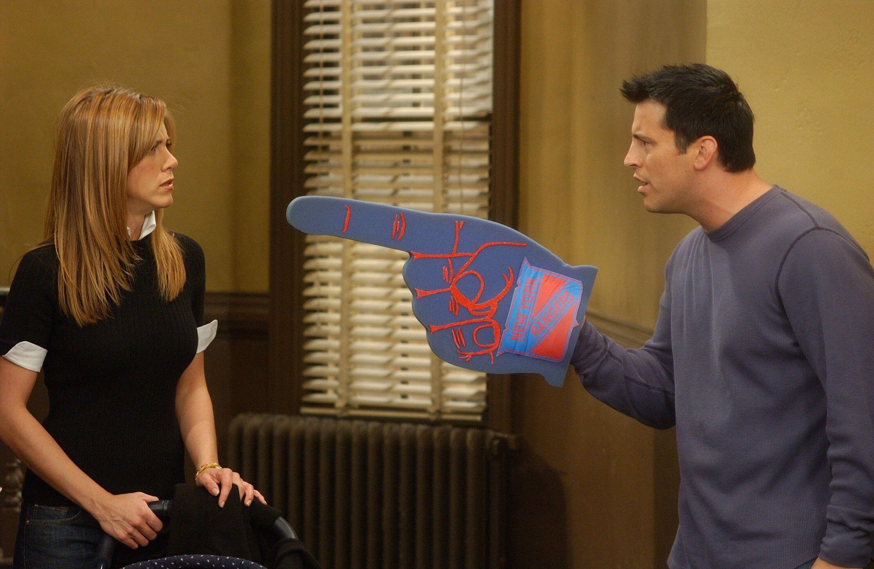 LIBRARY. USA. Jennifer Aniston and Matt LeBlanc  in the ©Warner Bros. TV series : Friends - season 10 ( 1994-2004 ) Ref:   LMK106-J6677-220420Supplied by LMKMEDIA. Editorial Only.Landmark Media is not the copyright owner of these Film or TV stills but