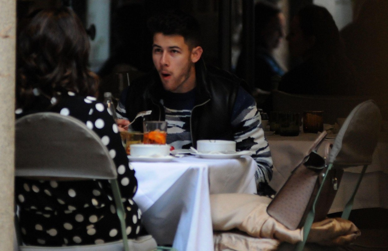 Milan, Italy. 14th Feb, 2020. Nick Jonas and wife Priyanka Chopra lunch in the center Nick Jonas, one of the 3 brothers of the famous musical group "JONAS BROTHER" in concert this evening in Milan, surprised at lunch in a well-known restaurant in the cent
