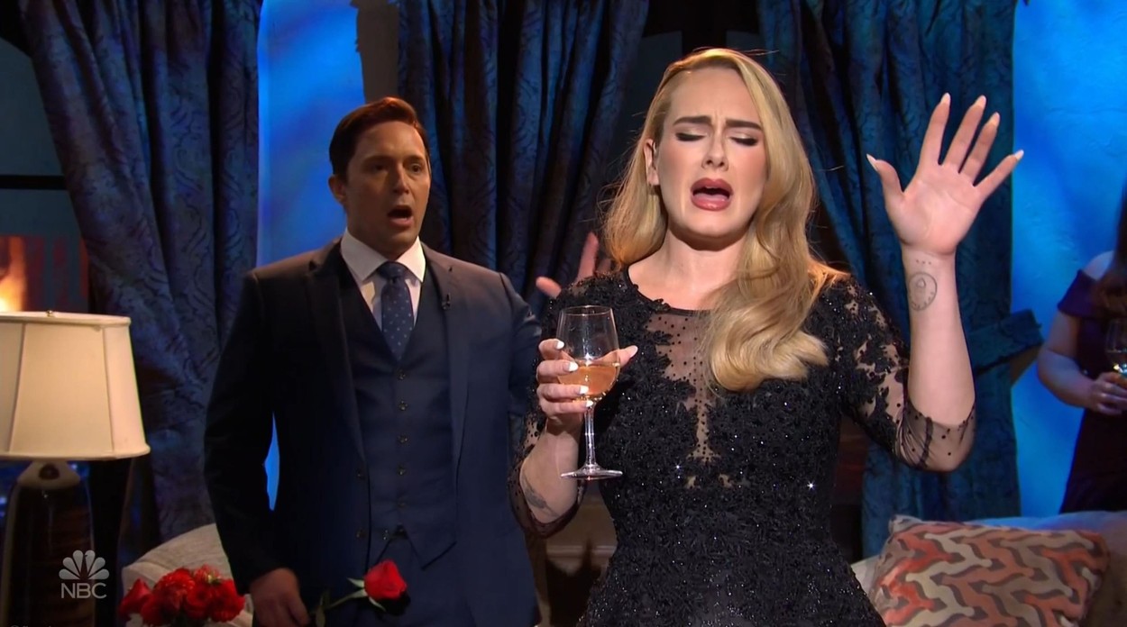Adele belts out her greatest hits during 10 min Bachelor skit on Saturday Night Live - despite claiming in opening monologue she was 'too scared' to both host and be musical guest