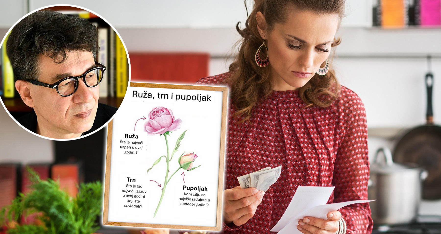 And thus, having completed her shopping for fresh autumn vegetables, a woman reads her shopping lists and holds her leftover cash. On the kitchen coun
