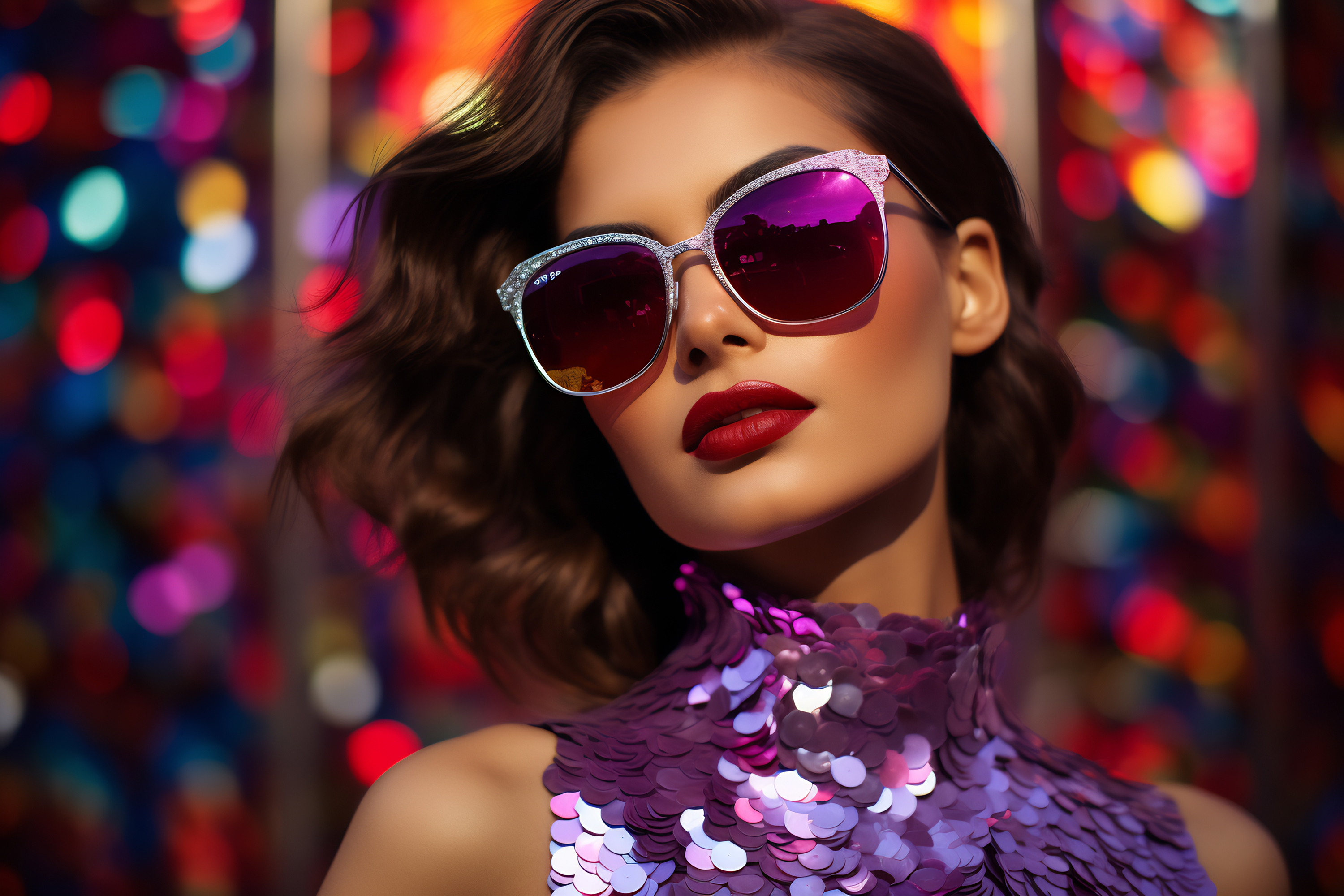 Glamorous Woman in Purple Sunglasses and Sequined Dress