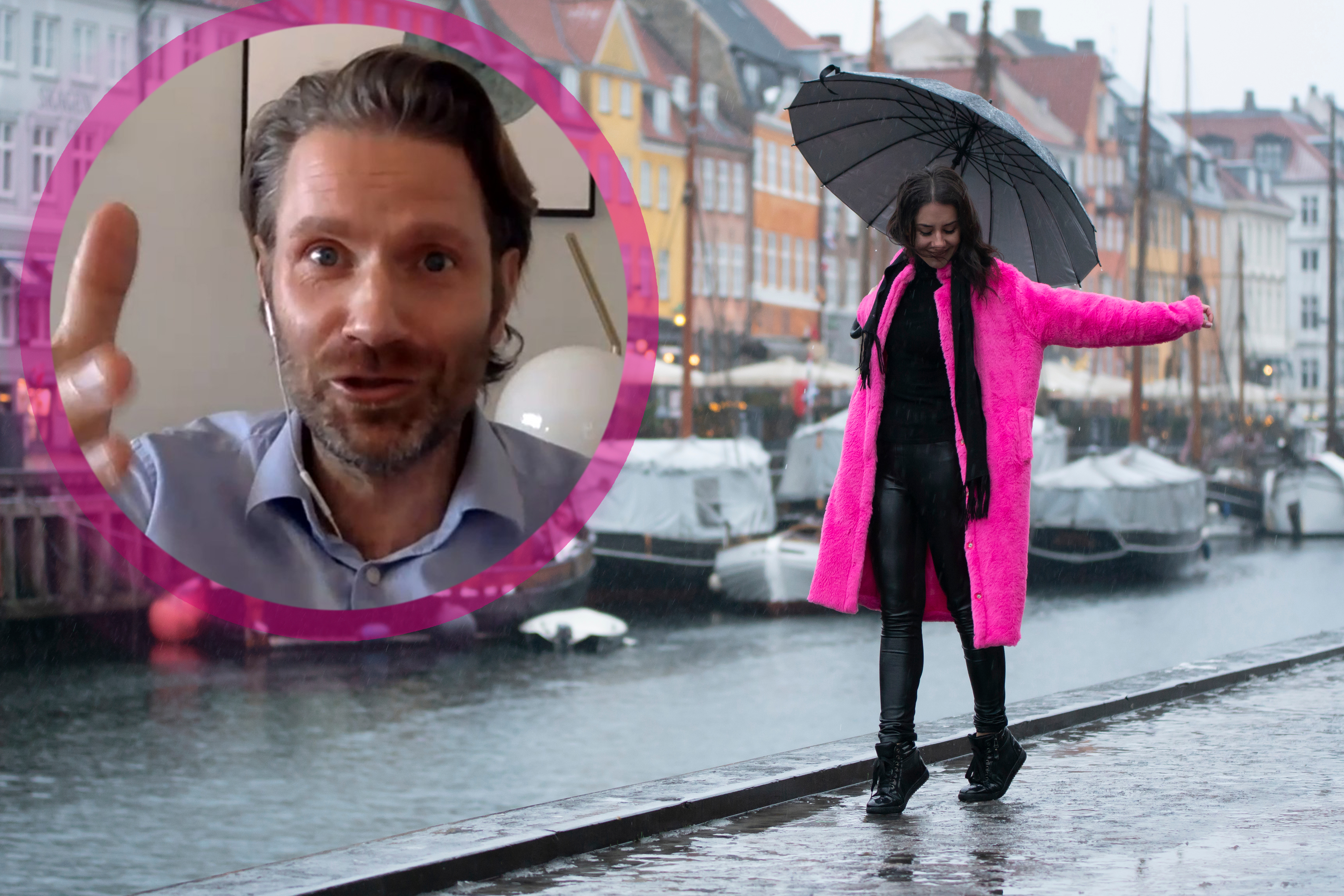 Young,Woman,In,Pink,Coat,Dances,With,Umbrella,During,The