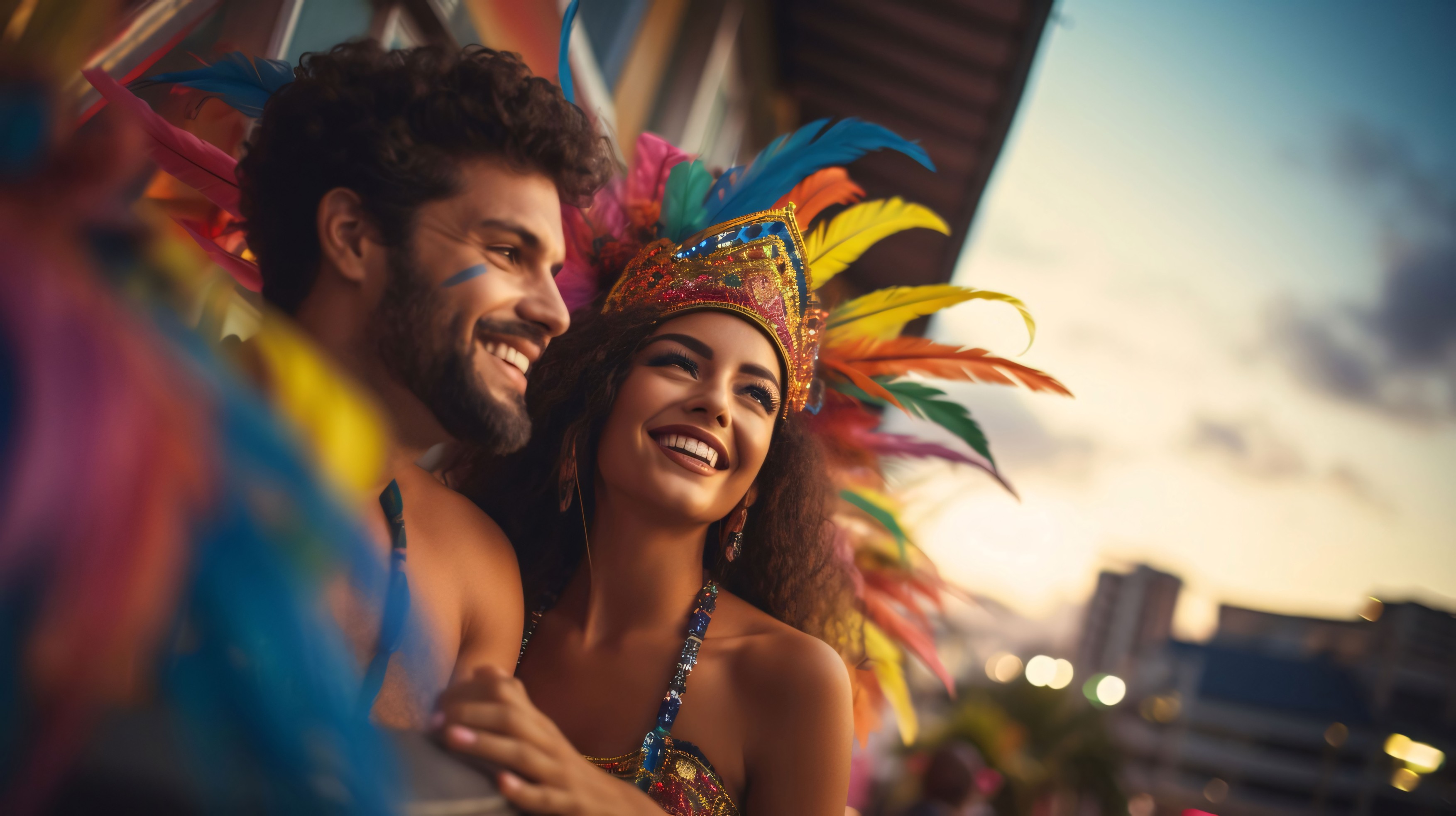 Hugging sa couple at a carnival party. Woman wearing colorful feathers in her hair. Carnival outfits, masks and decorations.