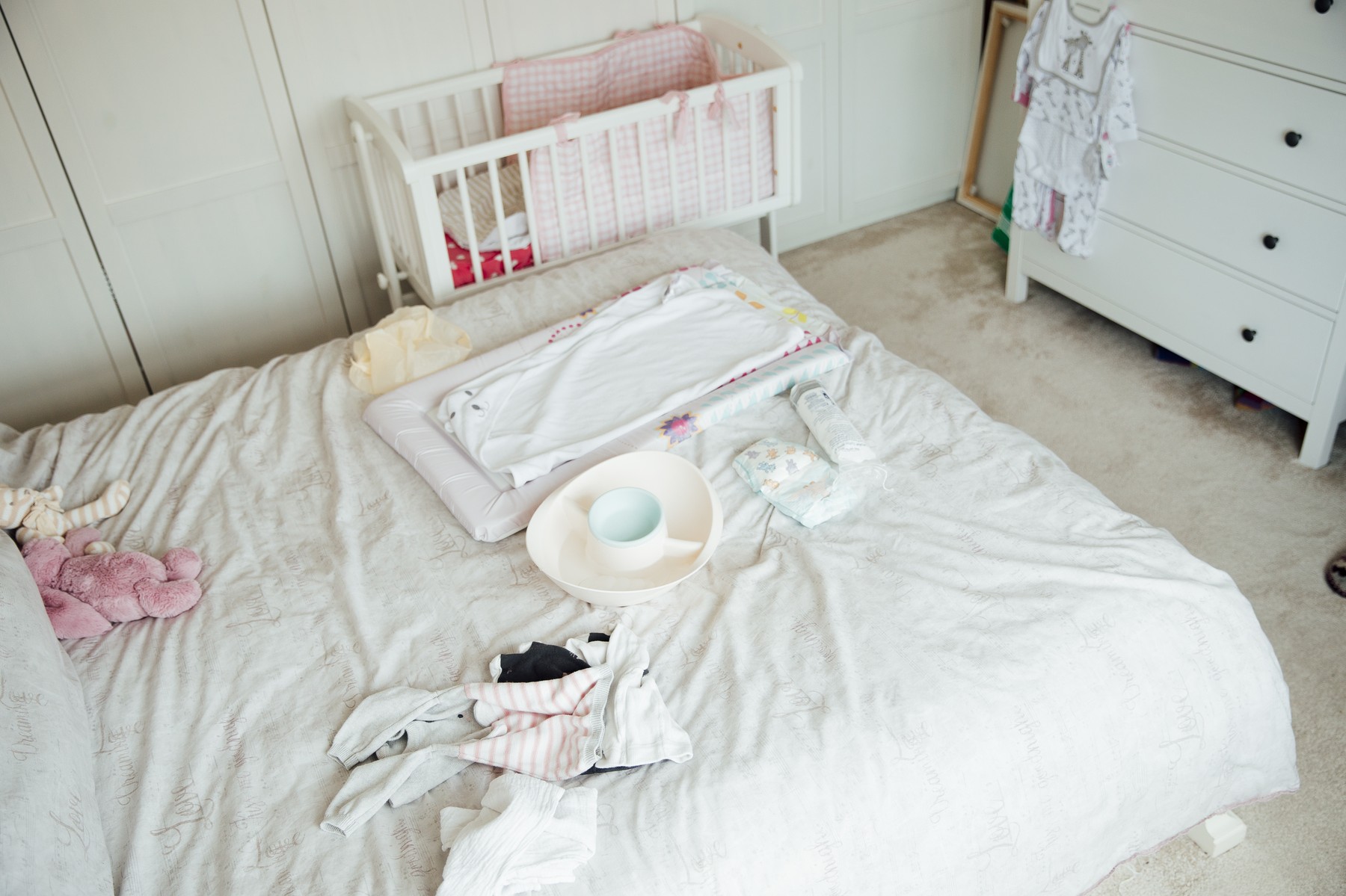 Baby Equipment on Parent's Bed
