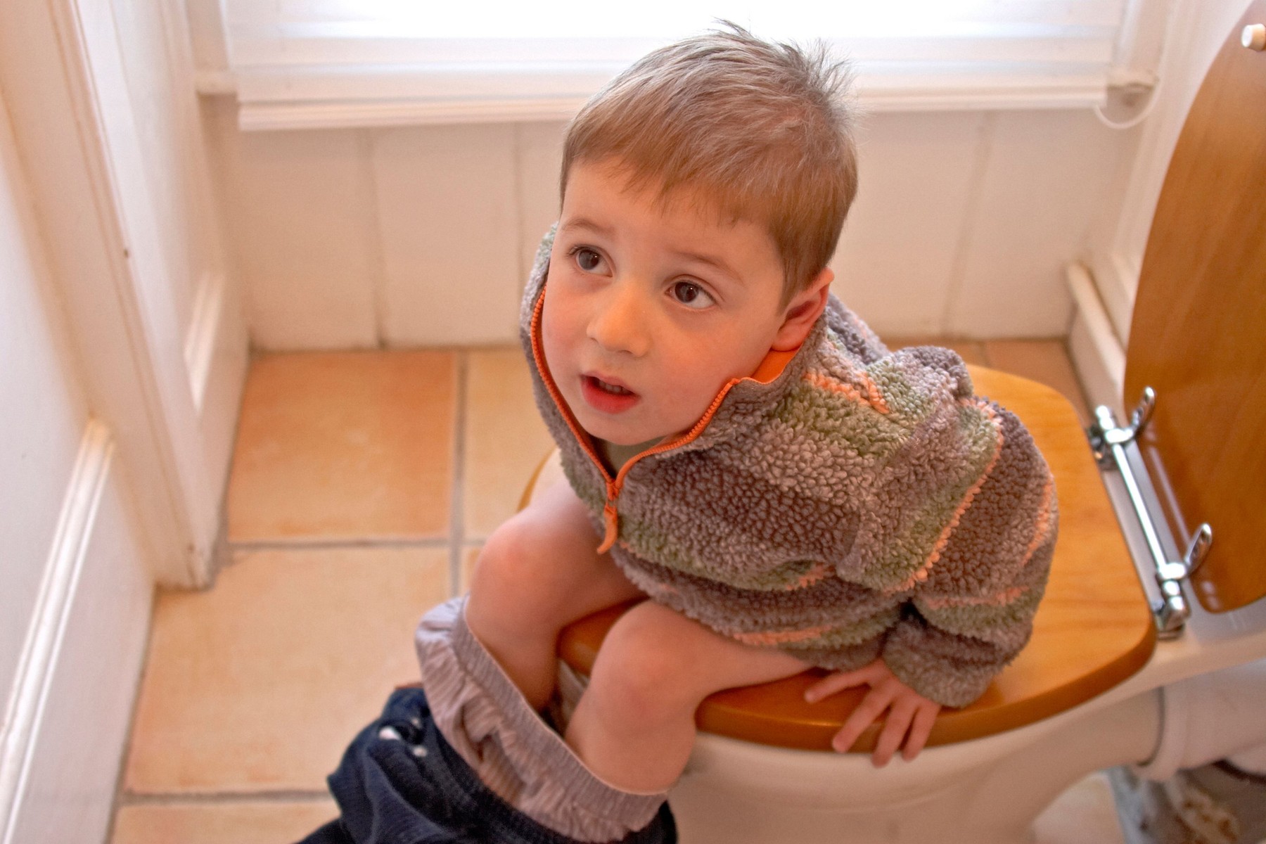 Young boy child sitting on toilet loo lavatory bog WC CJWH
