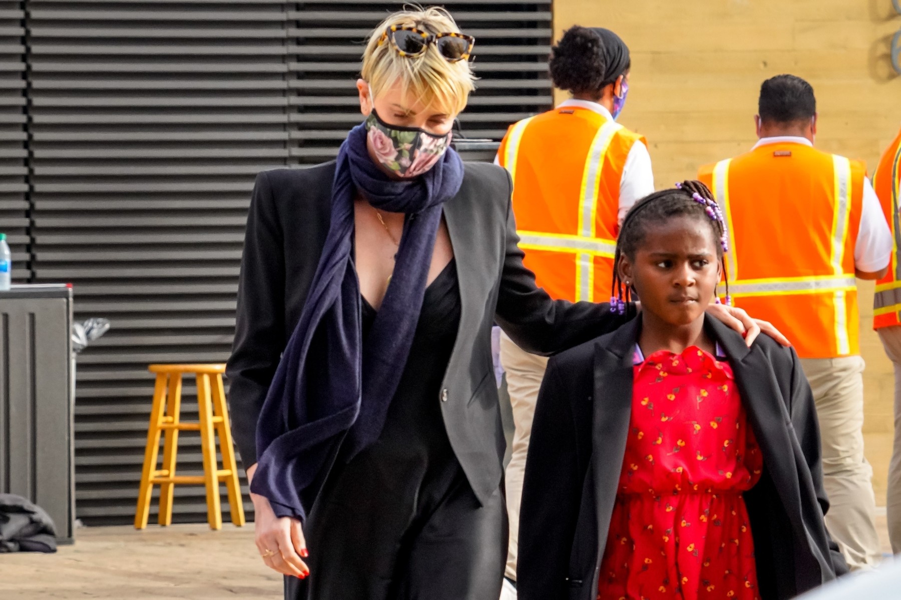 *EXCLUSIVE* Charlize Theron arrives for dinner with her two children at Nobu