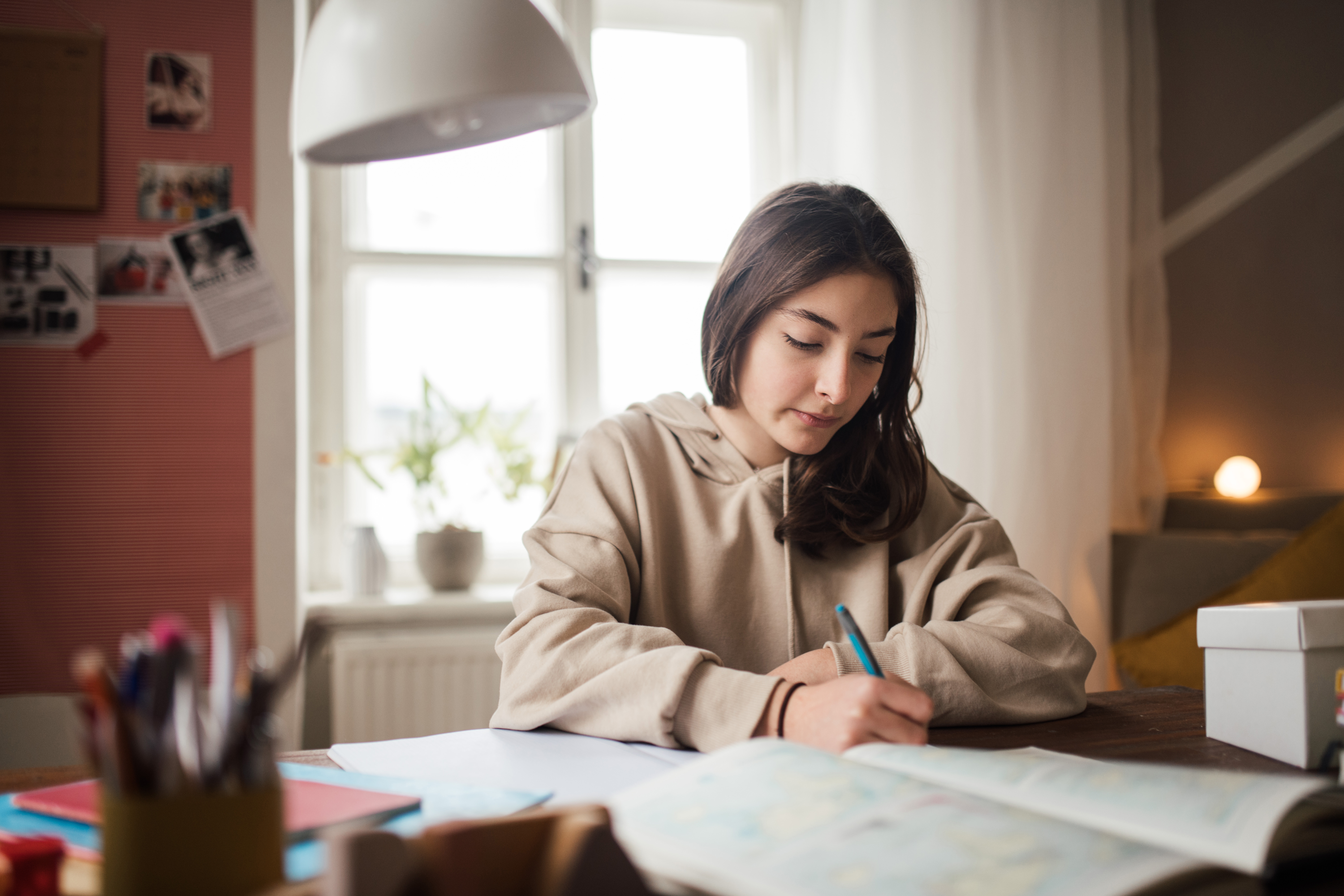 Young,Teenage,Girl,Studying,In,Her,Room.