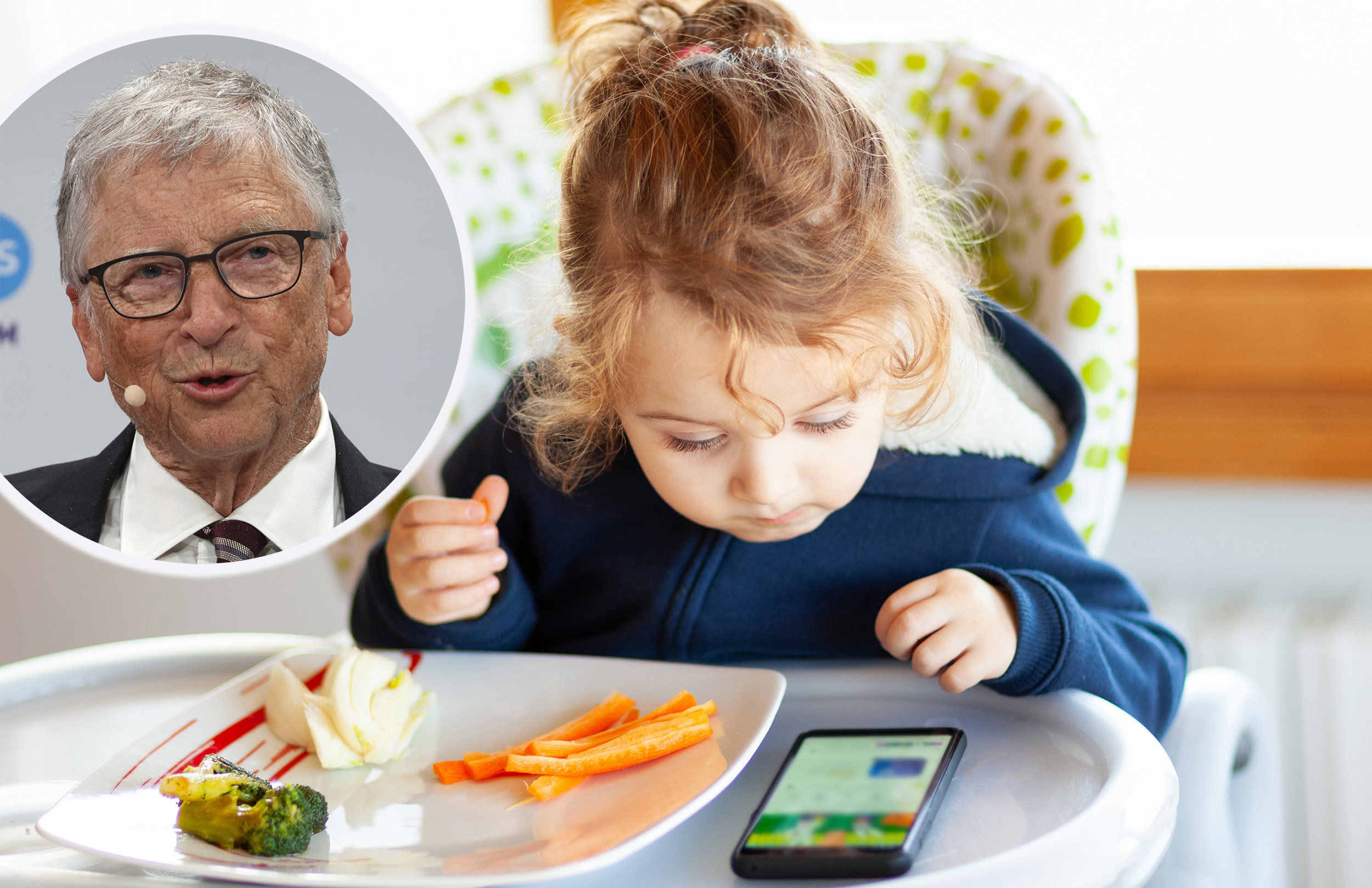 Bil Gejts, dete, telefon kombo Toddler,Eats,In,The,High,Chair,While,Watching,Movies,On