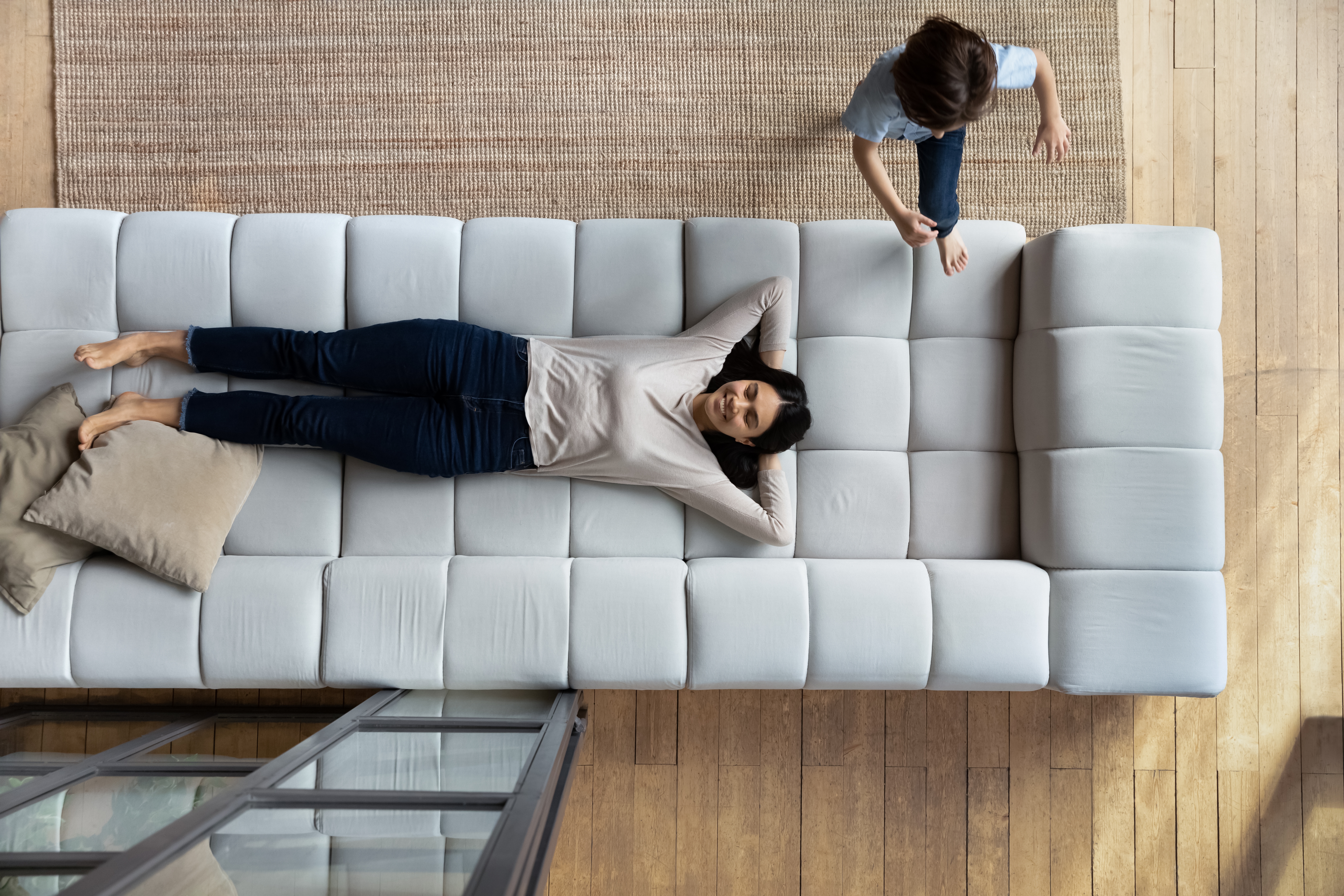 Above,Top,View,Relaxed,Peaceful,Happy,Young,Korean,Woman,Lying