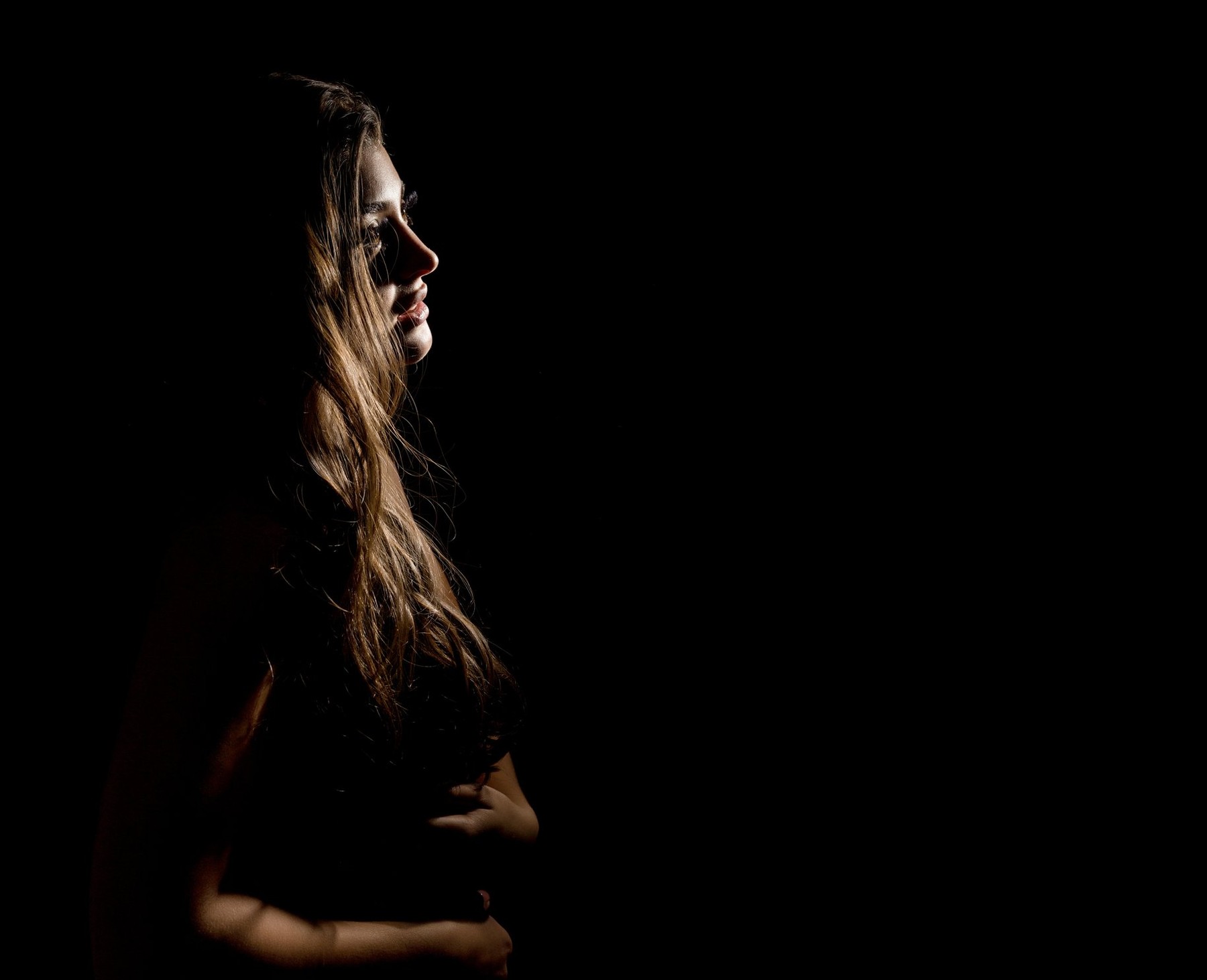 Woman Sexy Silhouette. Body scape of woman neck and hand on a dark background. free space for text
