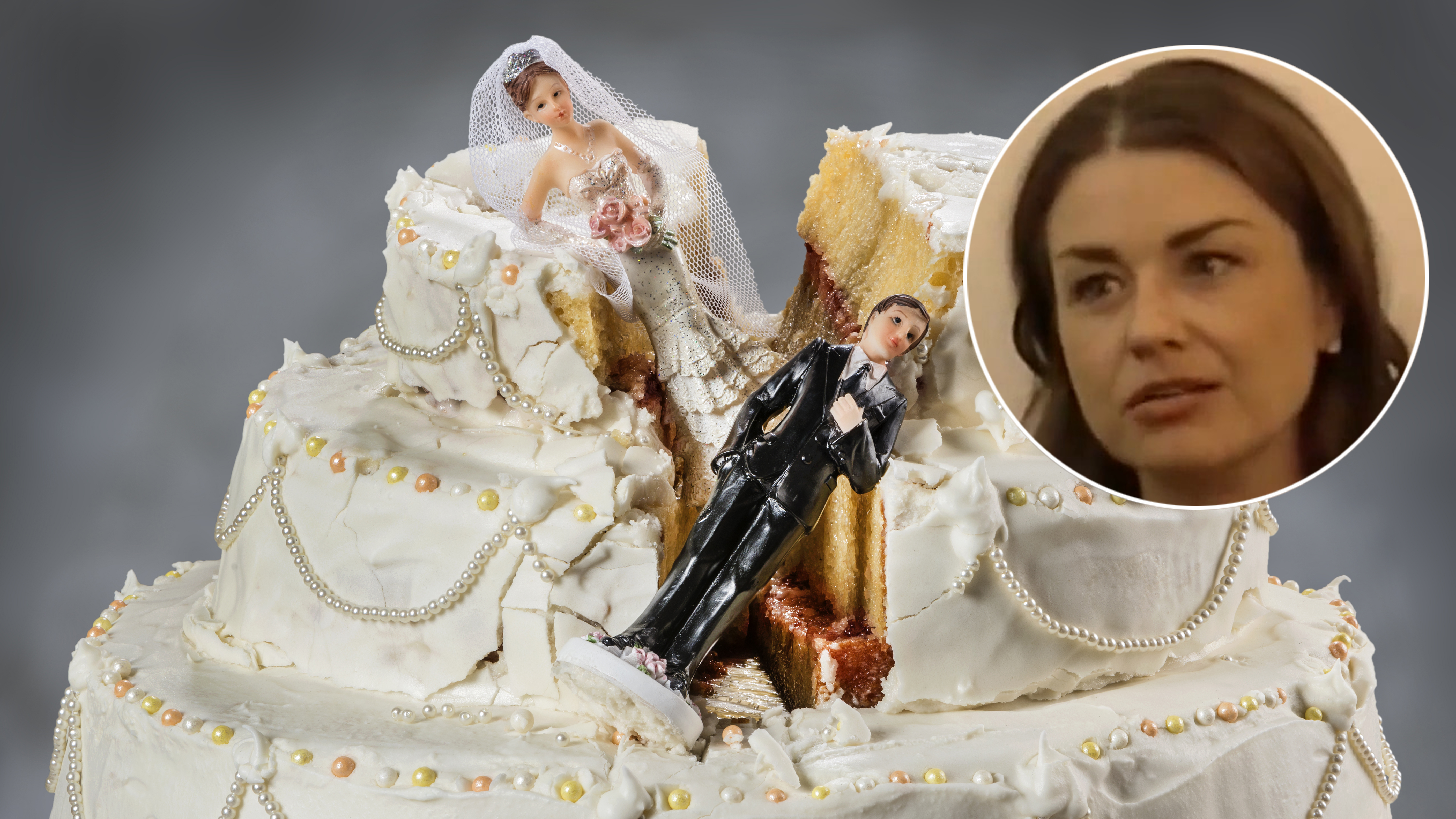 Bride,And,Groom,Figurines,Collapsed,At,Ruined,Wedding,Cake,Spouses