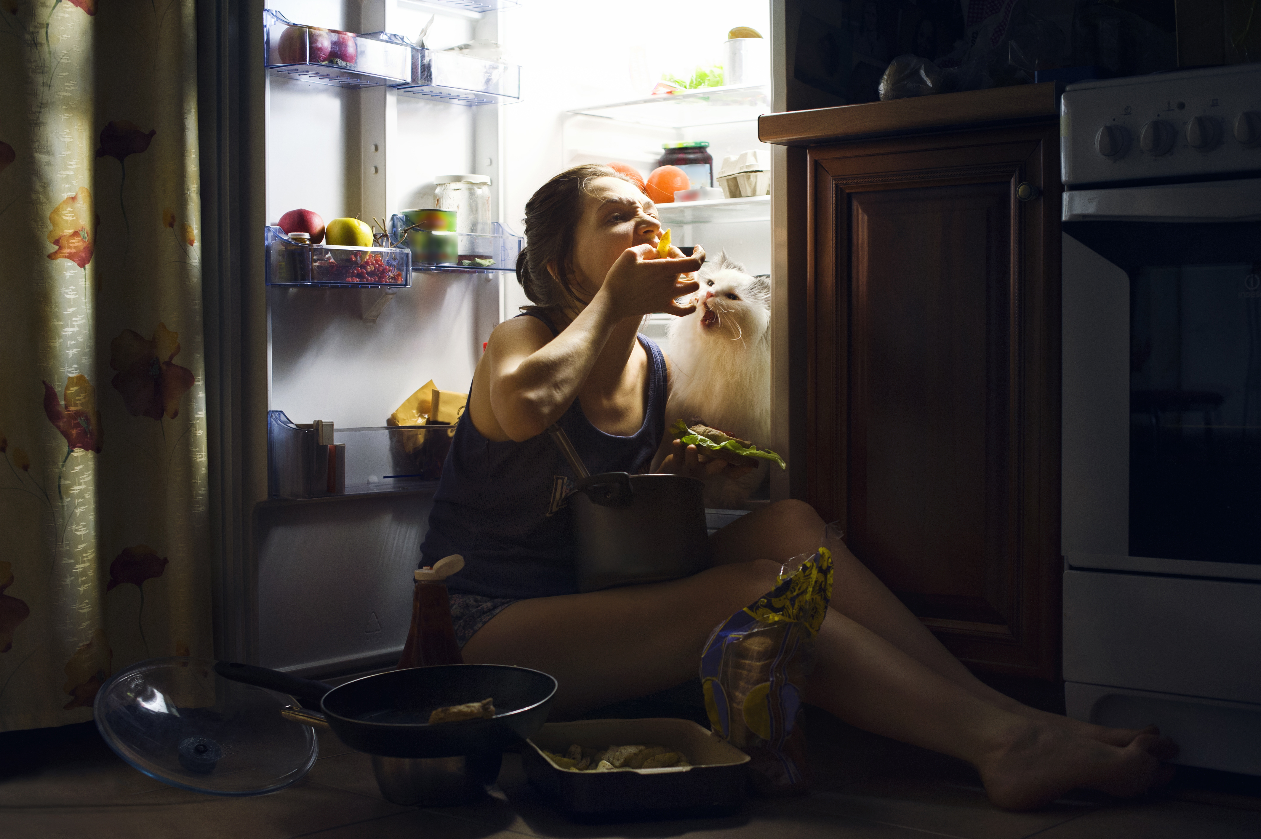 Young,Girl,And,Her,Fluffy,Cat,Eating,At,Night