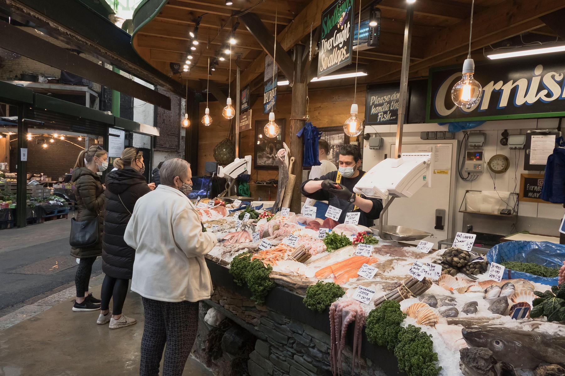 Borough Market fish counter during lockdown in London England