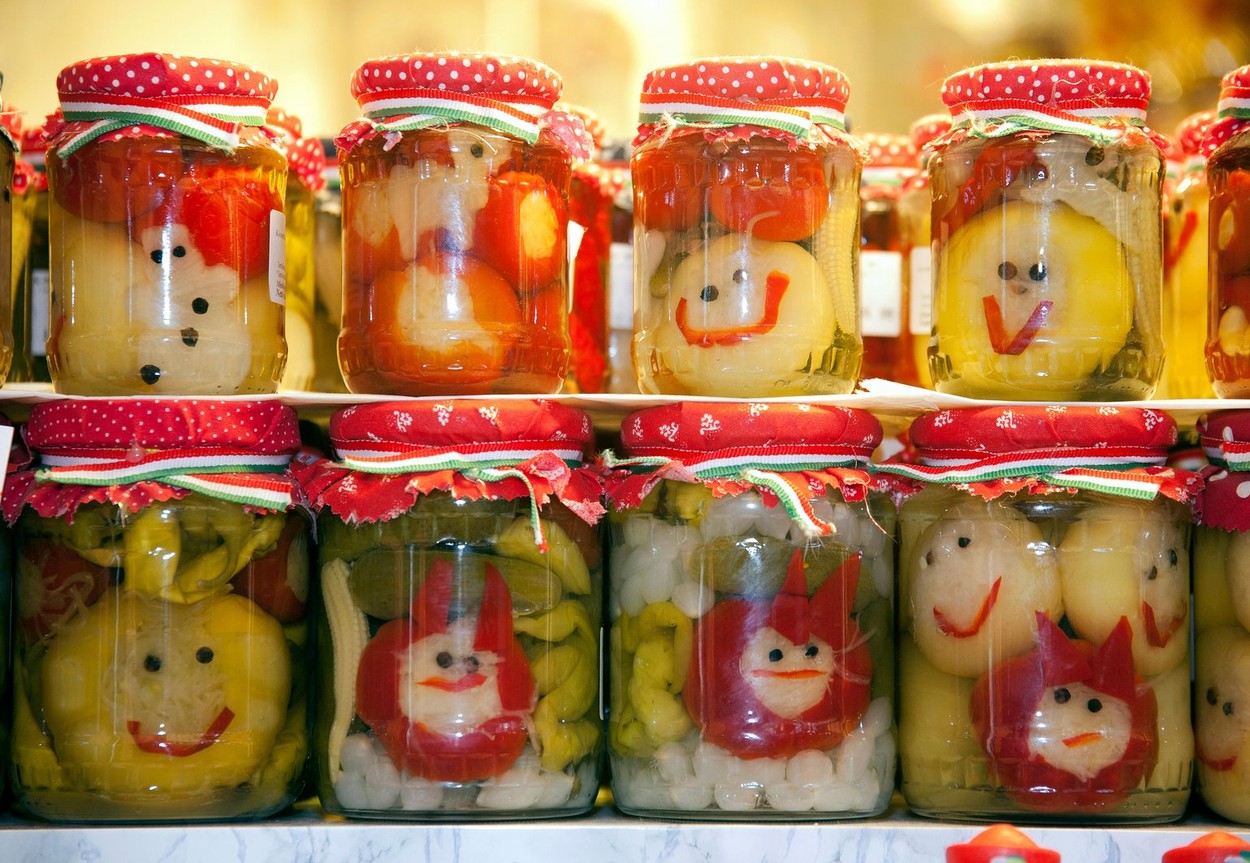 Pile of pickles jars in the city market of Budapest. Hungarian specialty