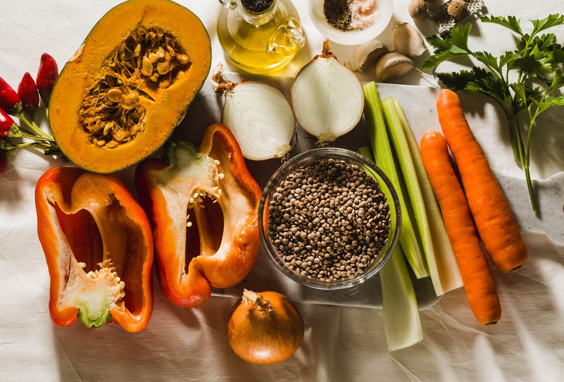 Autumn food ingredients on the table. rich healthy food