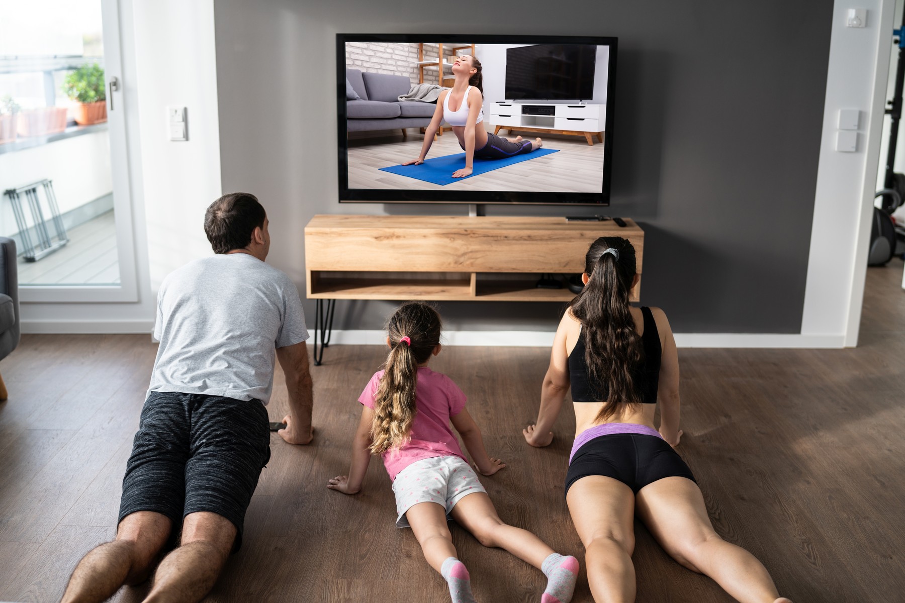Fit Family Doing Home Online Stretching Yoga Fitness
