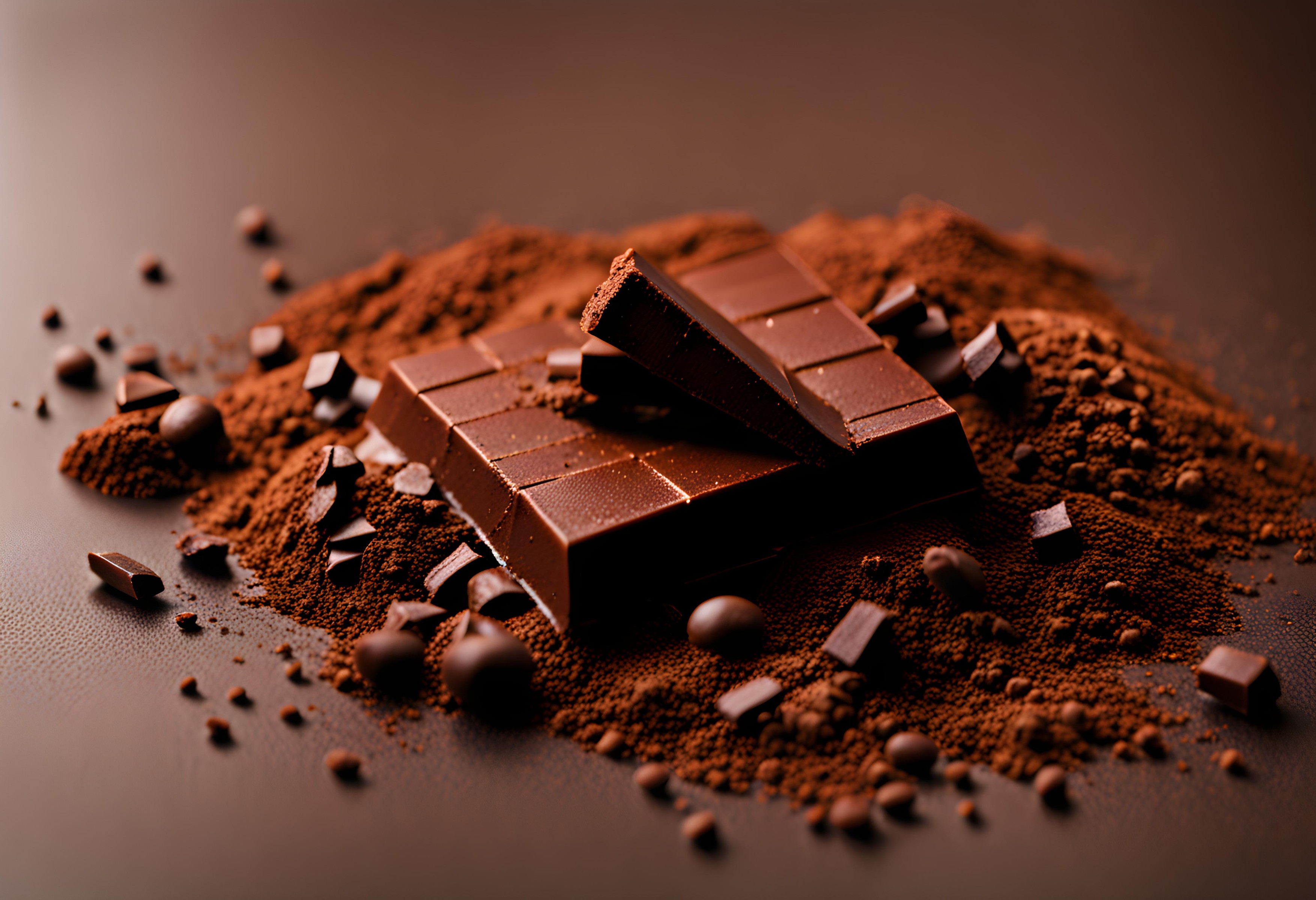 A piece of dark chocolate on cocoa powder