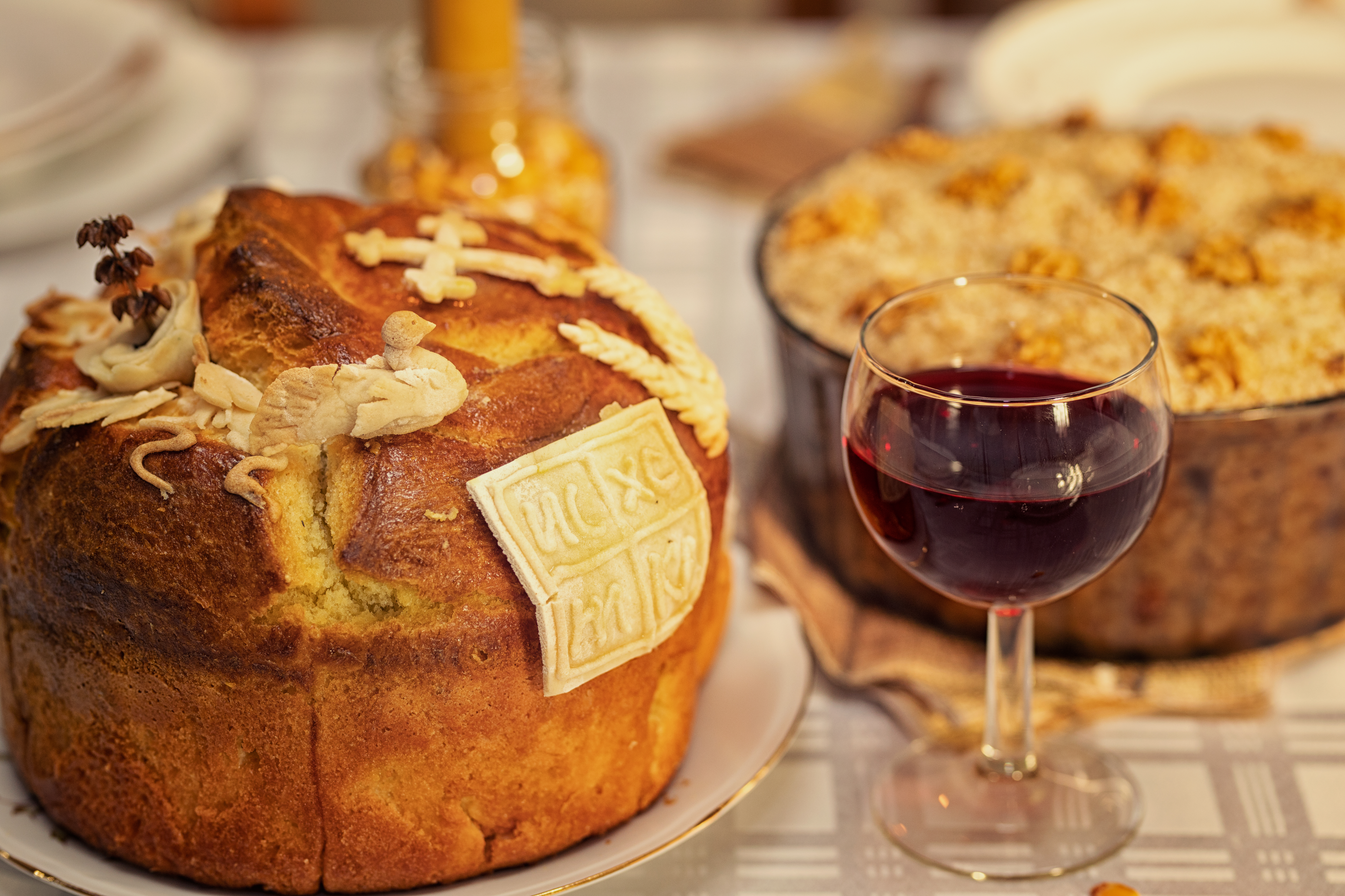 Slava,Cake,Decoration,With,Red,Wine,And,Candle,On,A