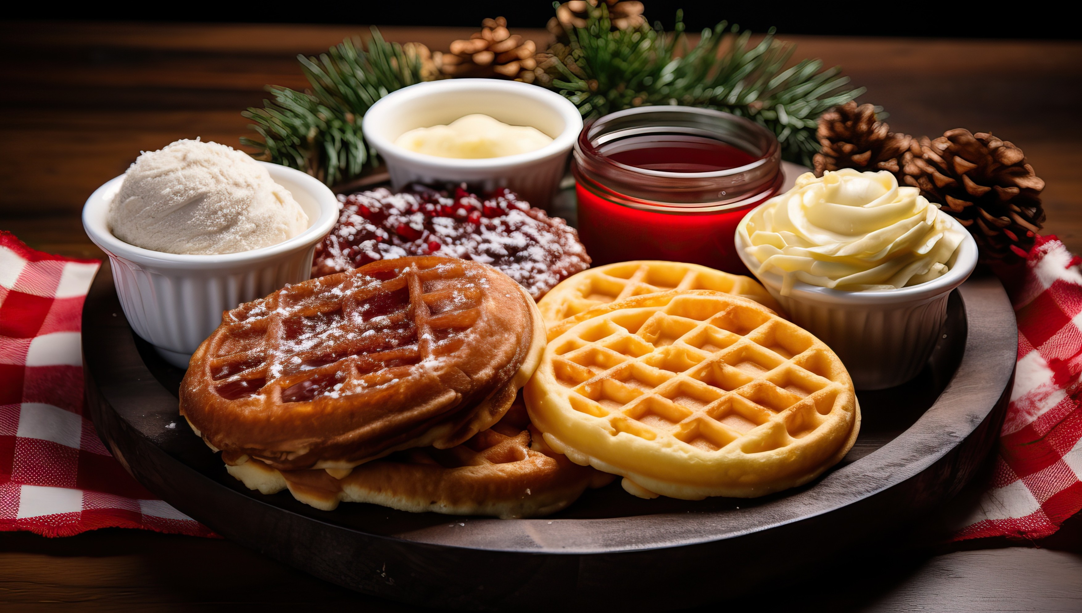 waffles with ice cream, jam and butter on wooden background