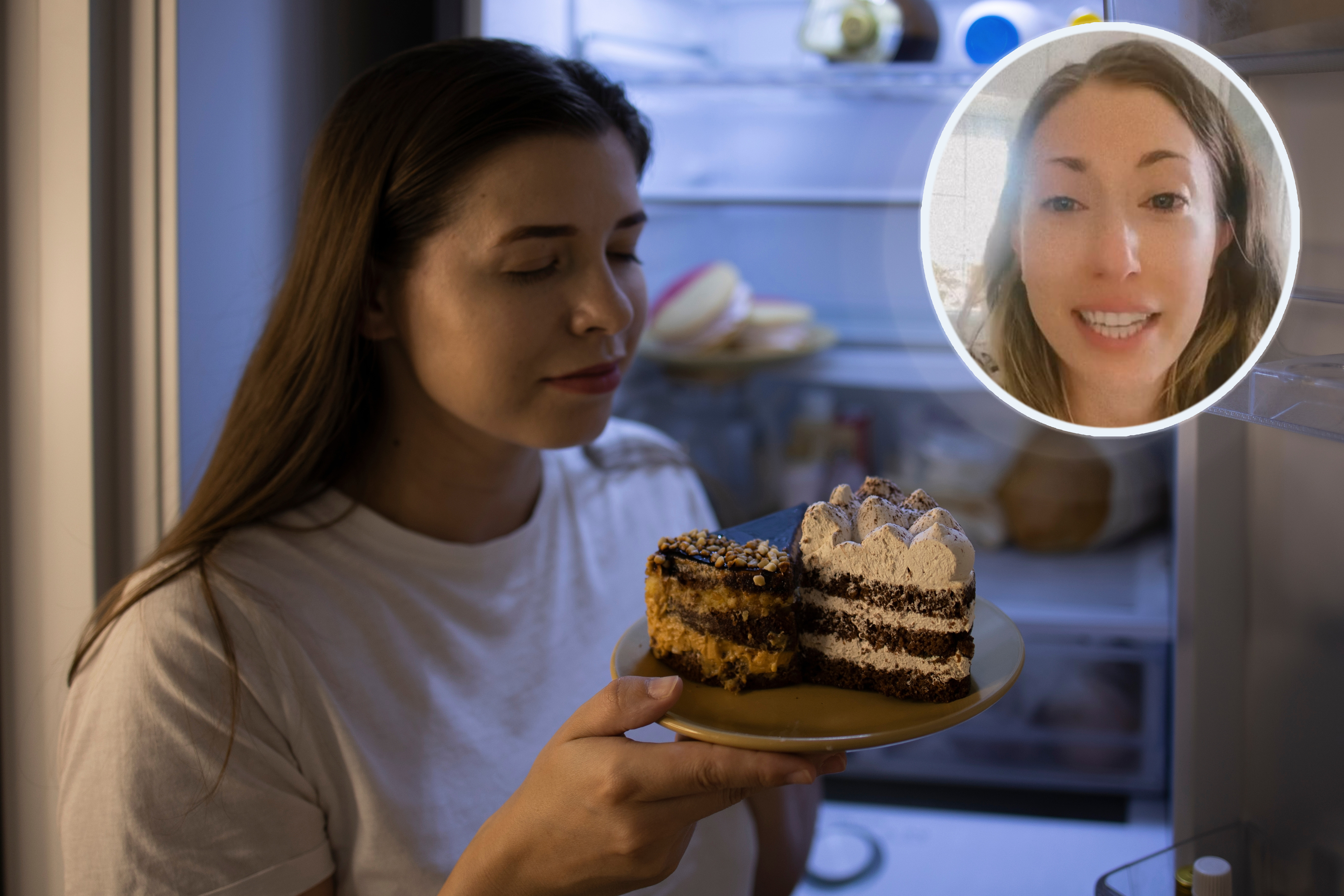 Woman,Eats,Sweet,Cakes,On,Plates,At,Night,Against,The