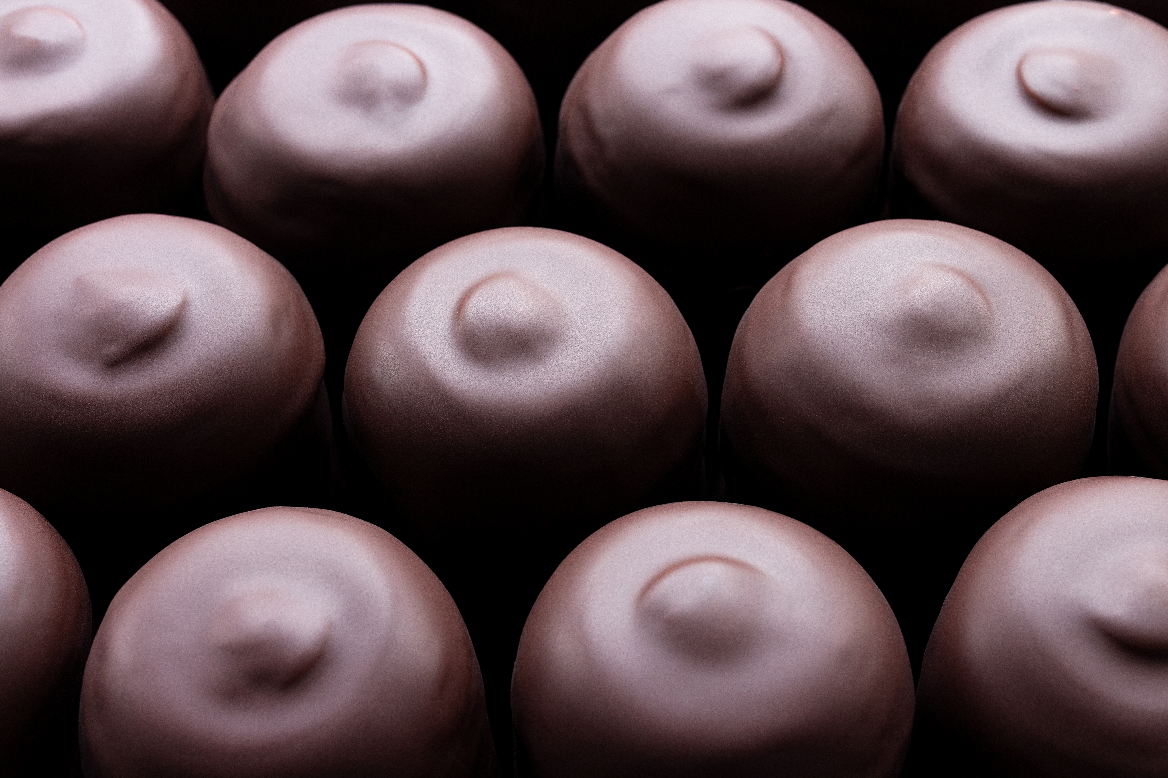 Rows,Of,Oval,Homemade,Desserts,,Marshmallow,Dipped,In,Chocolate,,Close