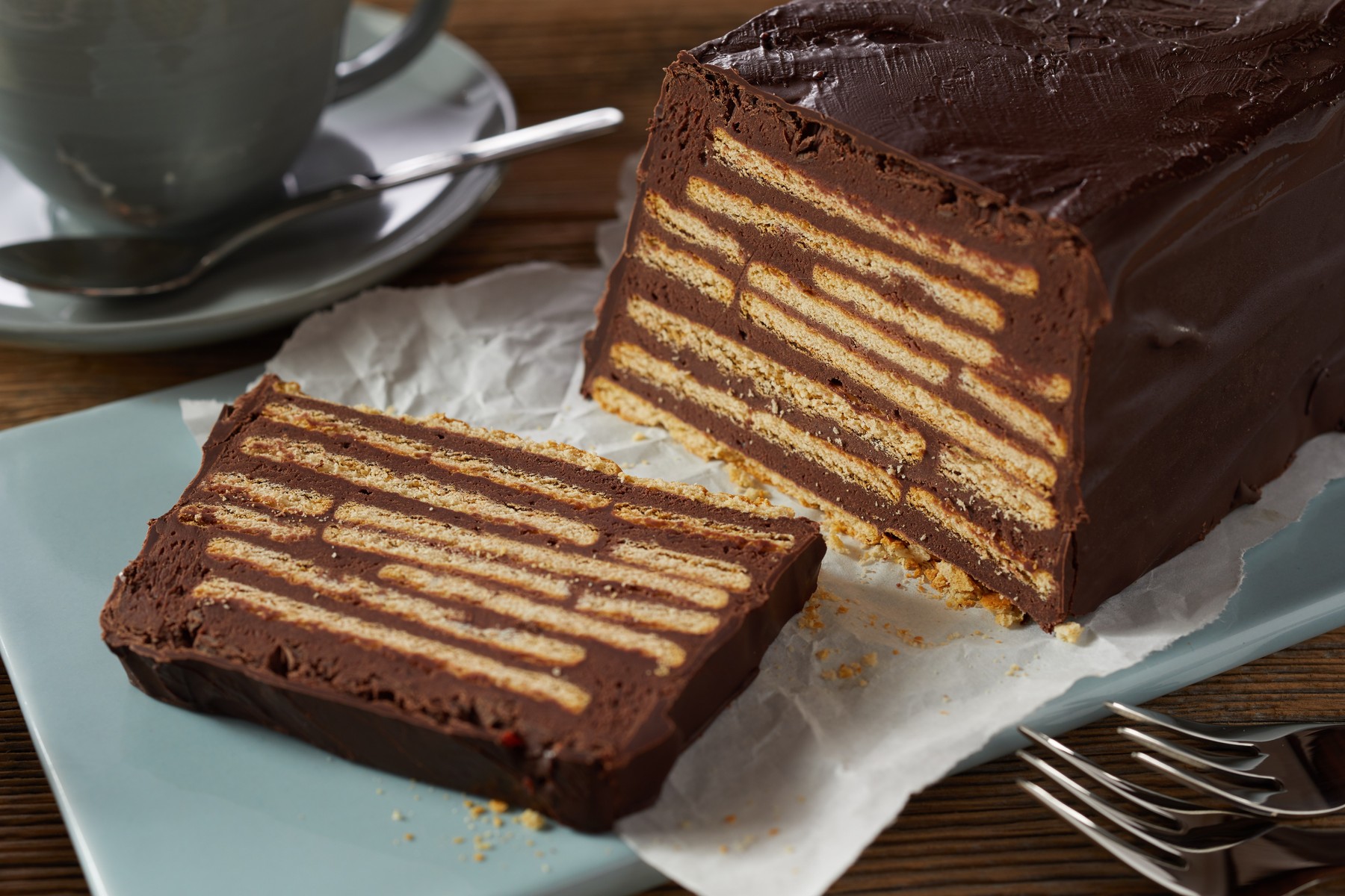 Slice of chocolate bar-shaped cake