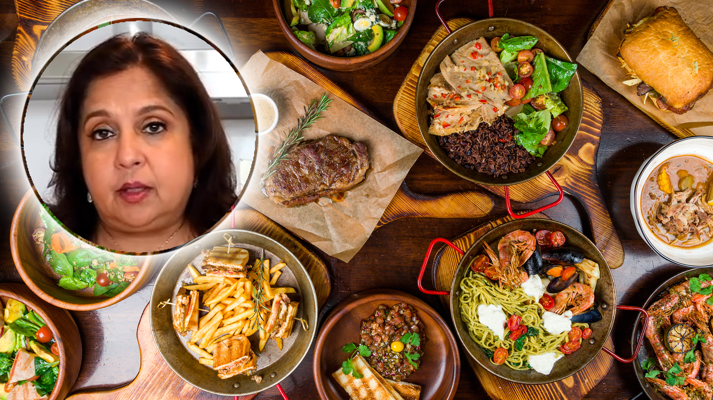 Assorted,Food,Set,On,Table,,Pasta,With,Seafood,,Steak,Ribeye,