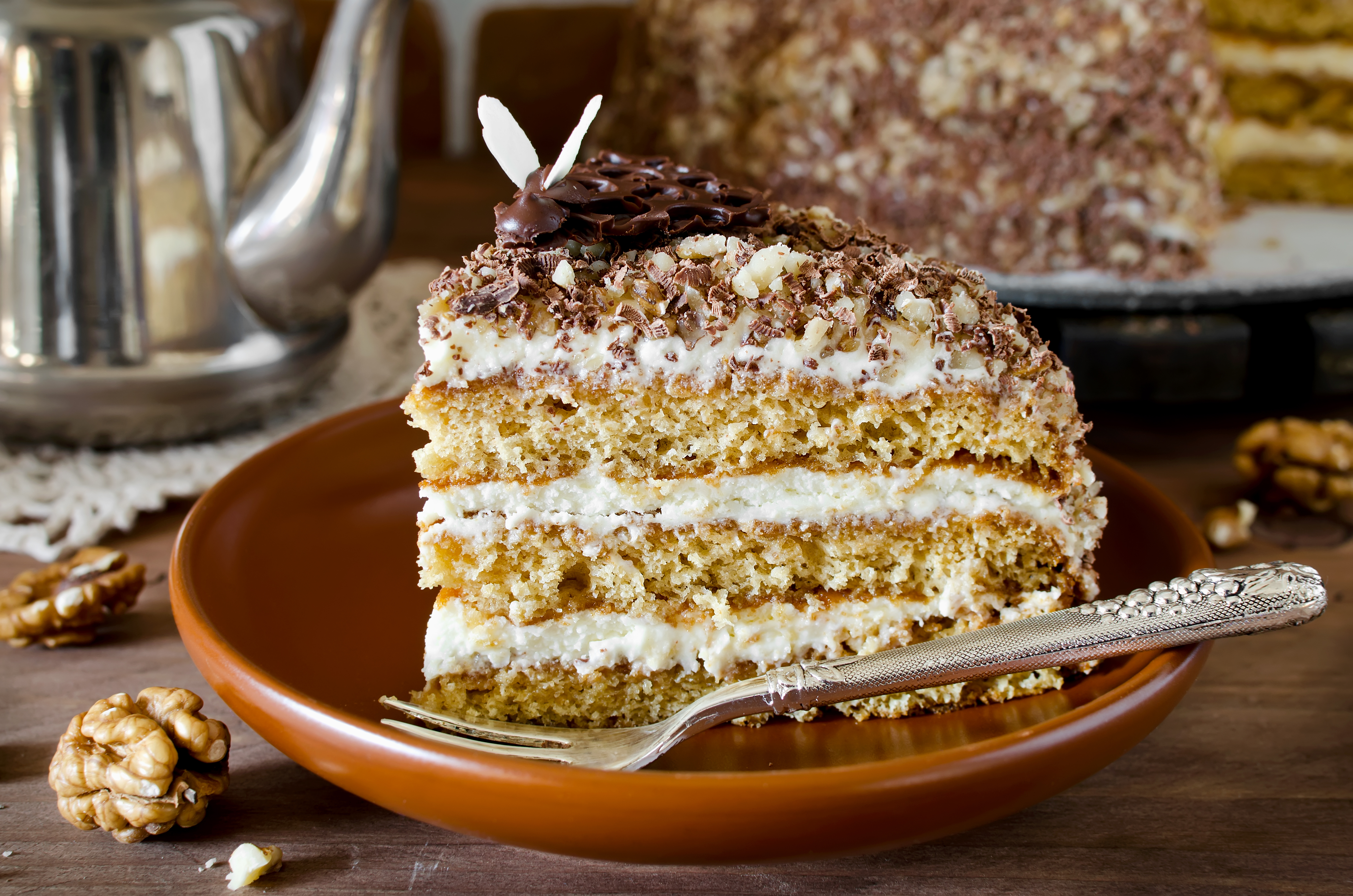 Sweet,Homemade,Honey,Cake,With,With,Walnuts,And,Grated,Chocolate