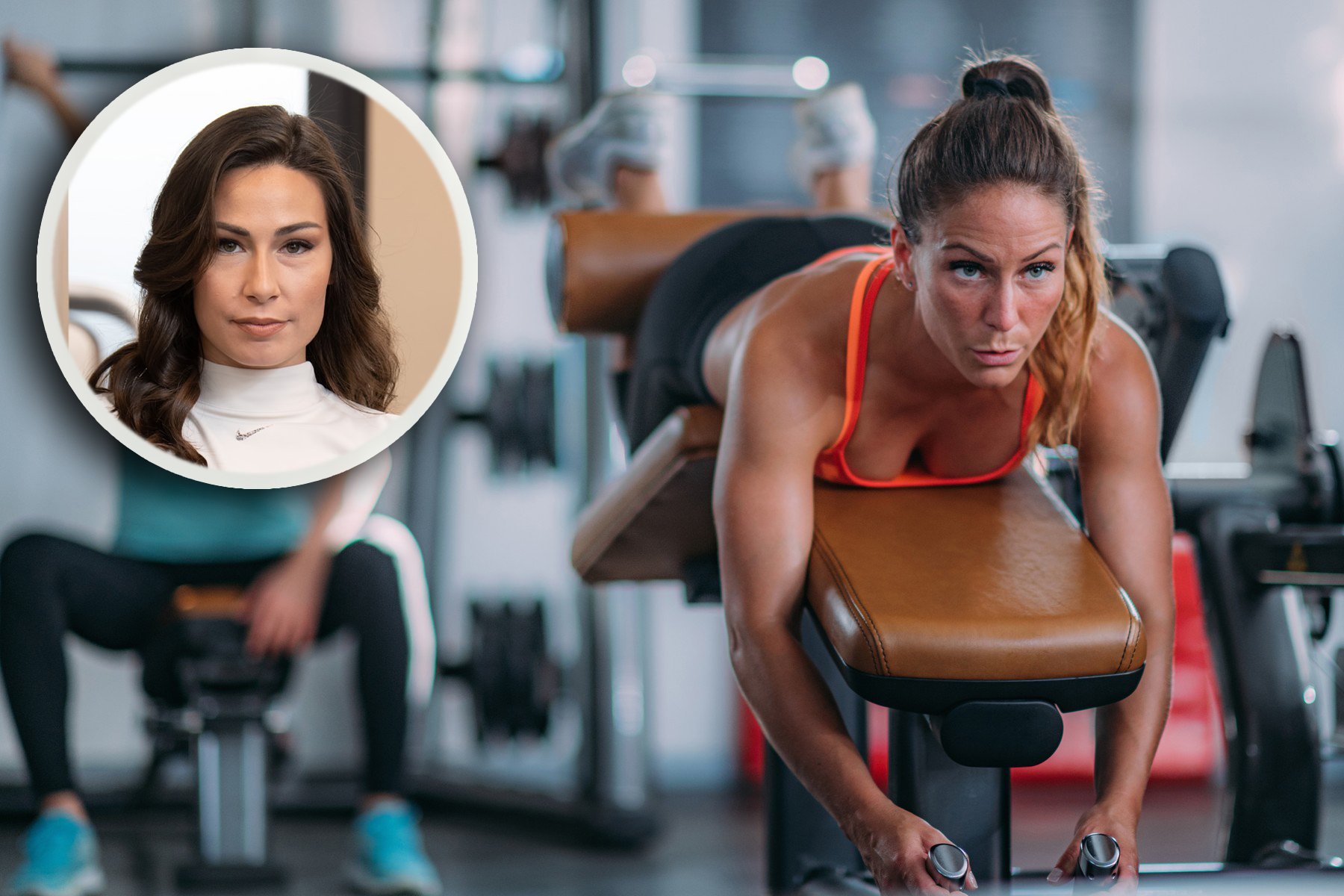 Female athlete using lying leg curl bench in the gym