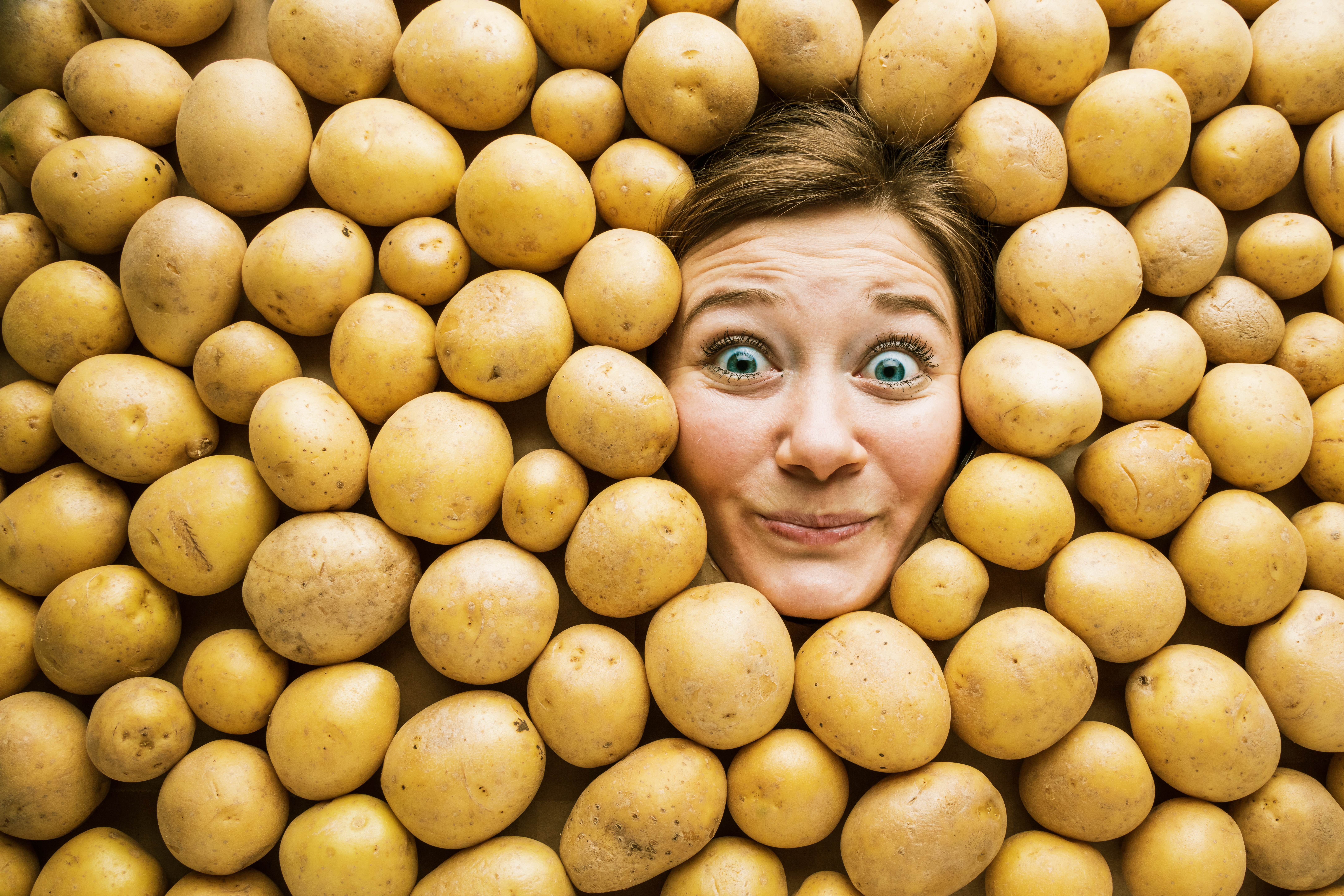 Woman,With,Potato,,Concept,For,Food,Industry.,Face,Of,Laughing