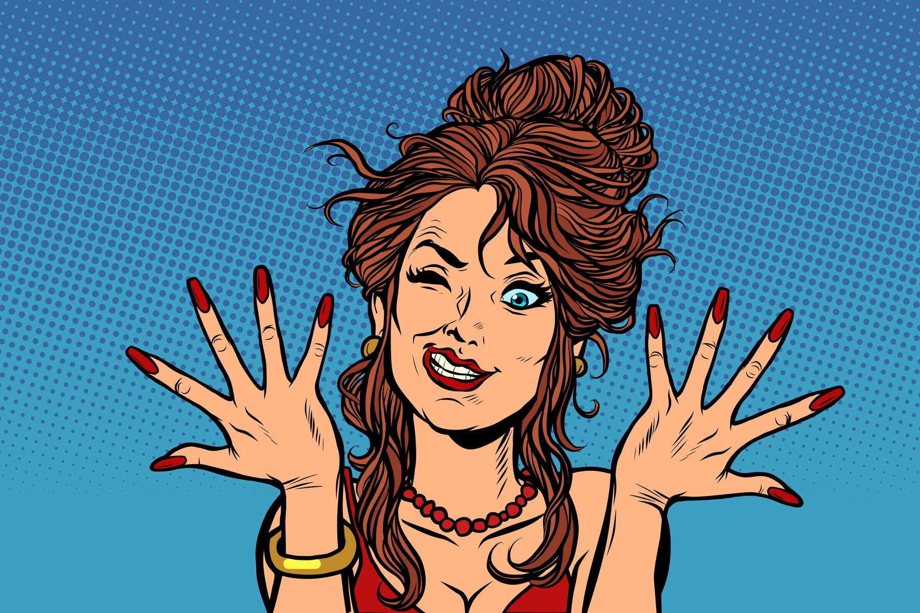 woman dries painted nails. Comic cartoon pop art retro drawing illustration