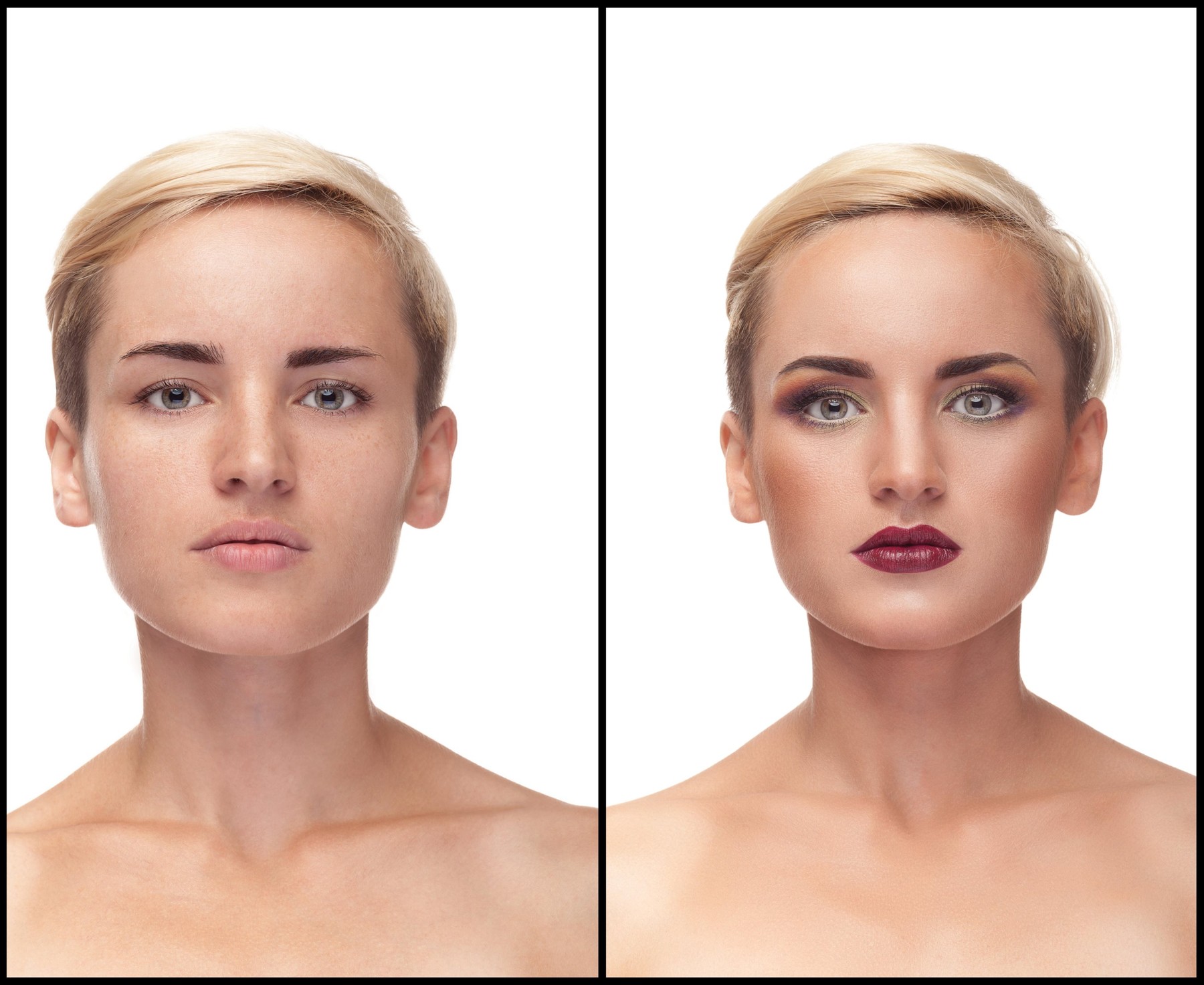 Collage of before and after make up. Same girl. Studio shooting. Over white background. Make up art. Clean skin