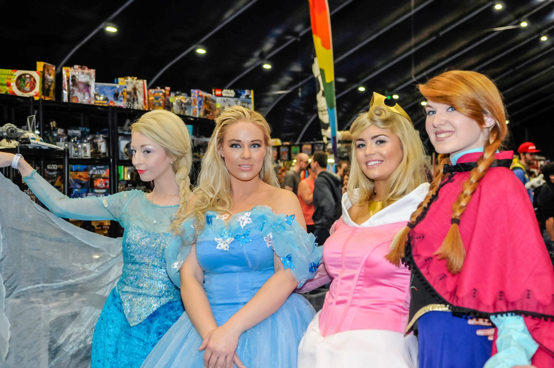 Disney Princesses Elsa, Cinderella, Sleeping Beauty &amp; Anna at Comicon Belfast, Northern Ireland, 14 May 2016