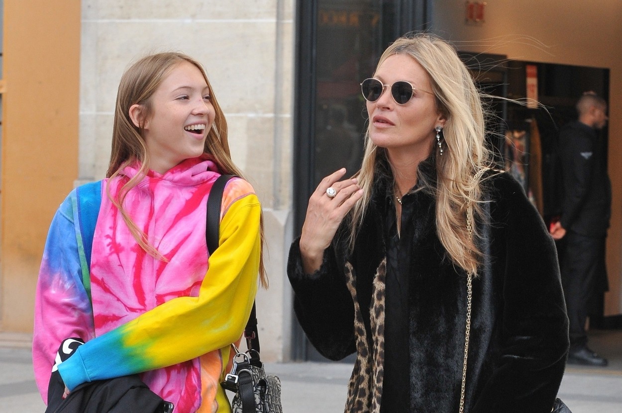 Kate Moss, daughter Lila Grace and partner Nikolai Von Bismarck arrive at their Le Ritz hotel